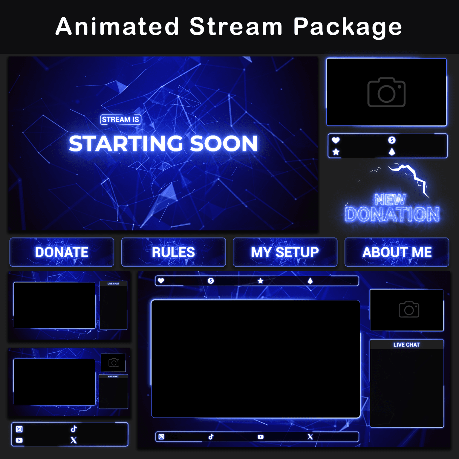Twitch Overlay Pack - Animated Neon Blue Minimalist
