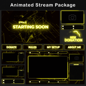 A collection of animated stream elements including "Starting Soon" screen, donation alerts, social media labels, and more, all in a dark theme with yellow neon highlights.