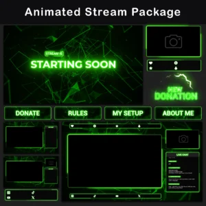 Green neon stream overlay package shown in one gallery image, with cyber network graphics, glowing rounded frames, stream panels, alert artwork, labels and layout elements.