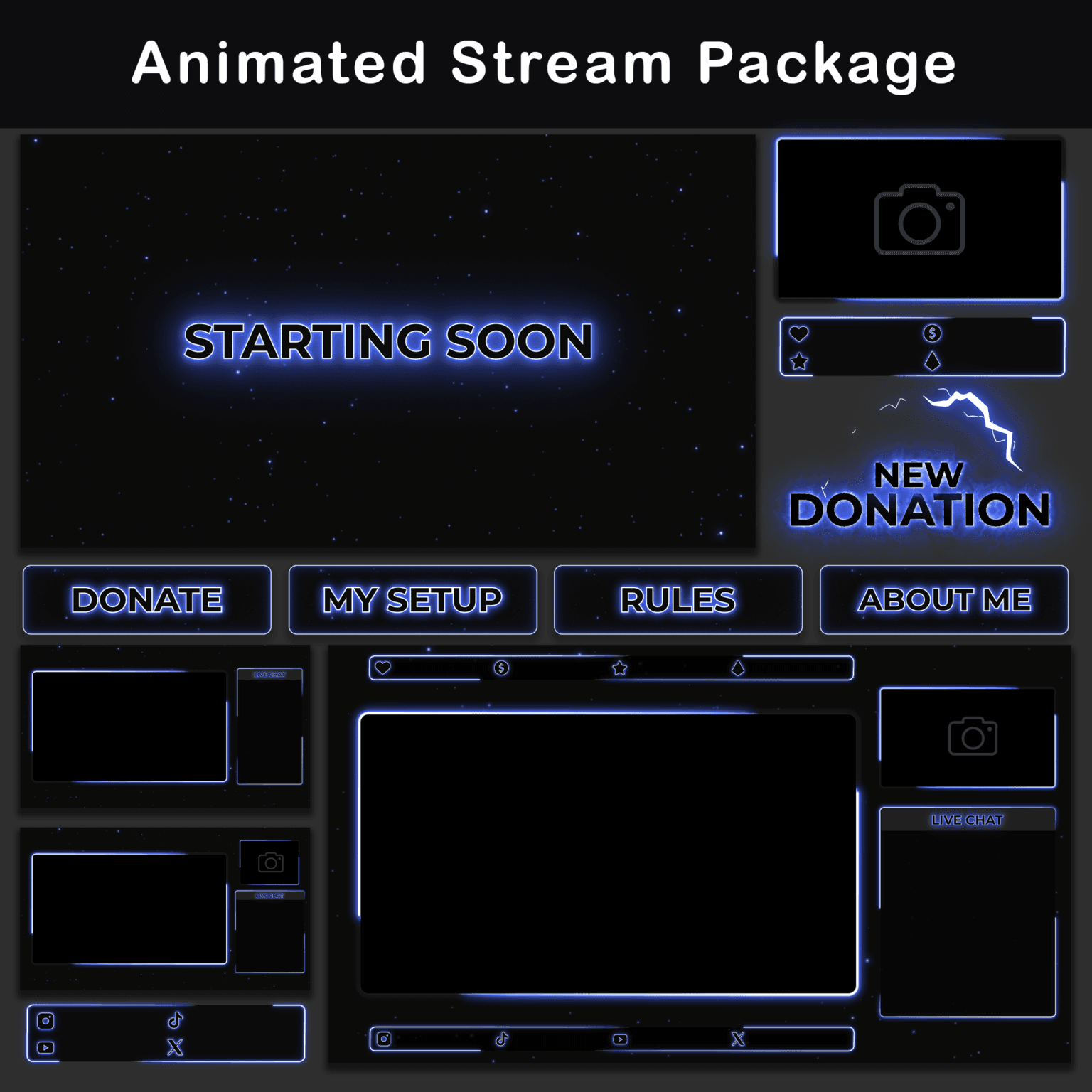 Animated Twitch Overlay Pack | Minimalist Black & Blue Stream Package for OBS & VTuber 1 Animated Stream Package: A comprehensive overlay pack featuring a 'Starting Soon' screen, donation alert, and various Twitch panels in dark blue.