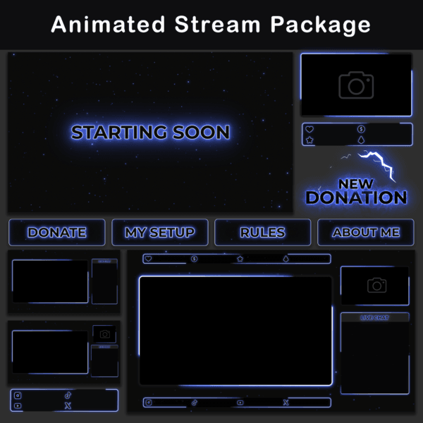 Animated Stream Package: A comprehensive overlay pack featuring a 'Starting Soon' screen, donation alert, and various Twitch panels in dark blue.
