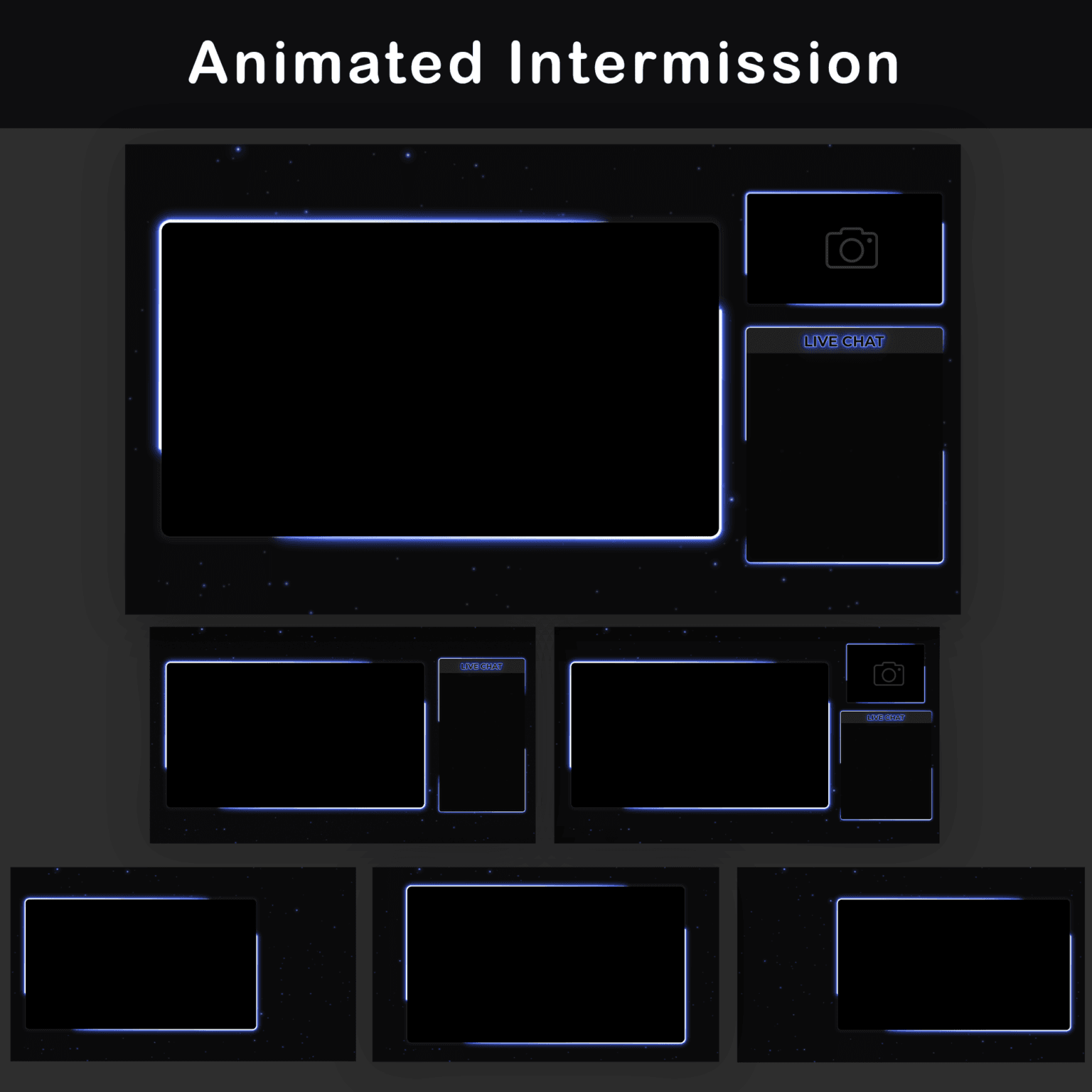 Animated Twitch Overlay Pack | Minimalist Black & Blue Stream Package for OBS & VTuber 3 Animated Intermission: Multiple intermission screen layouts with camera and chat box overlays in dark blue.