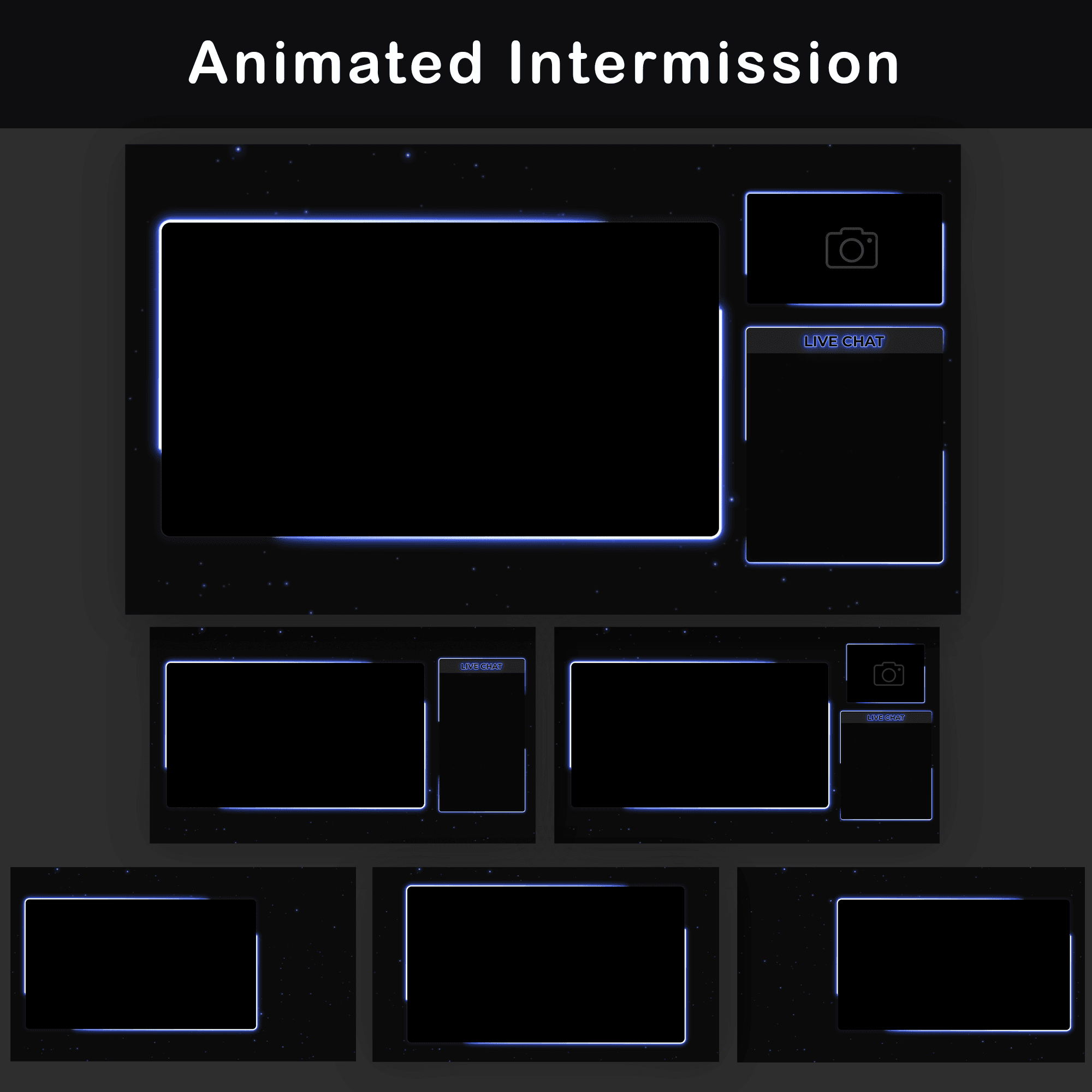 Animated Twitch Overlay Pack | Minimalist Black & Blue Stream Package for OBS & VTuber 3 Animated Intermission: Multiple intermission screen layouts with camera and chat box overlays in dark blue.