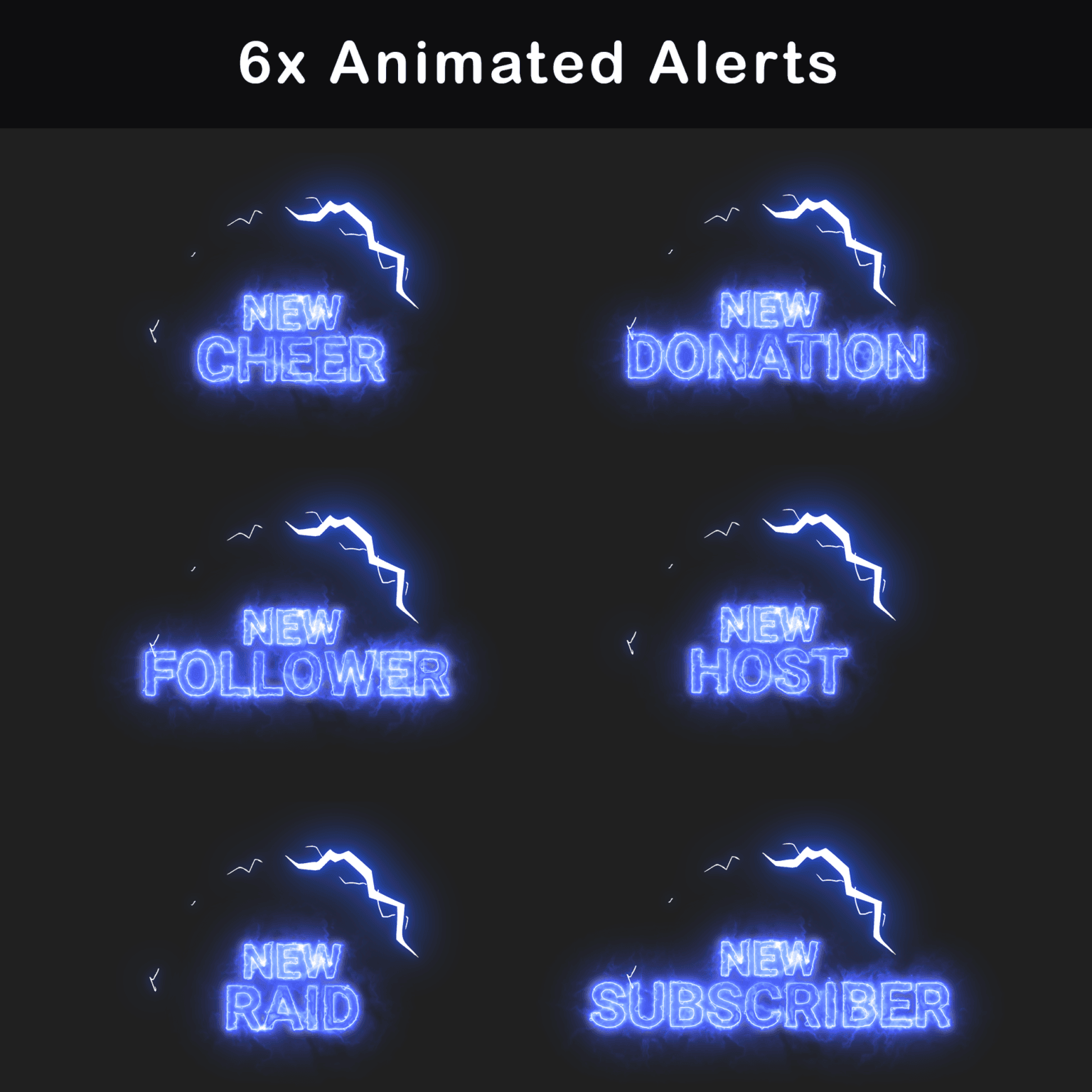 Blue-themed animated alerts including new cheer, donation, follower, host, raid, and subscriber notifications with lightning effects.