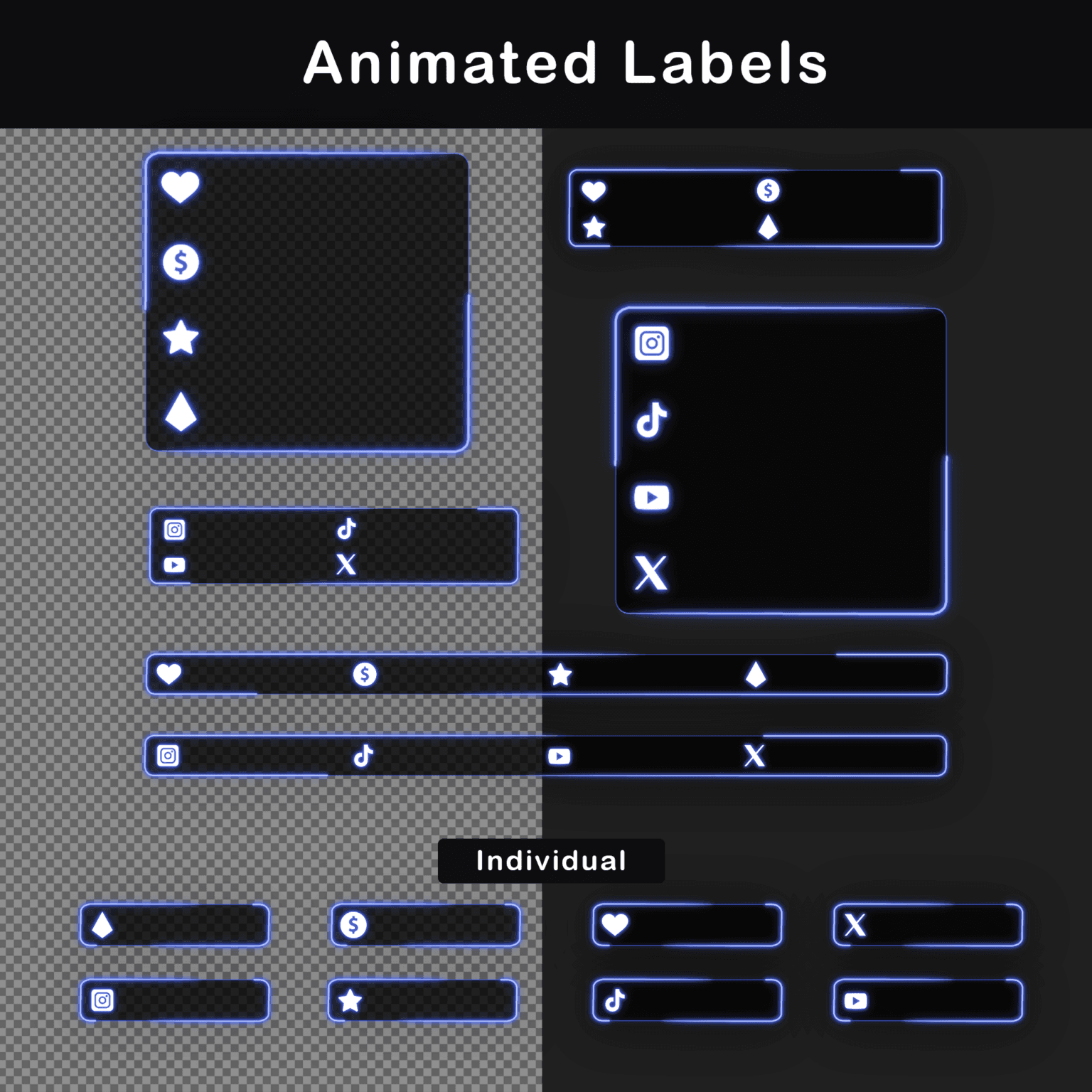 Blue-themed animated labels for social media and stream support with futuristic light effects.