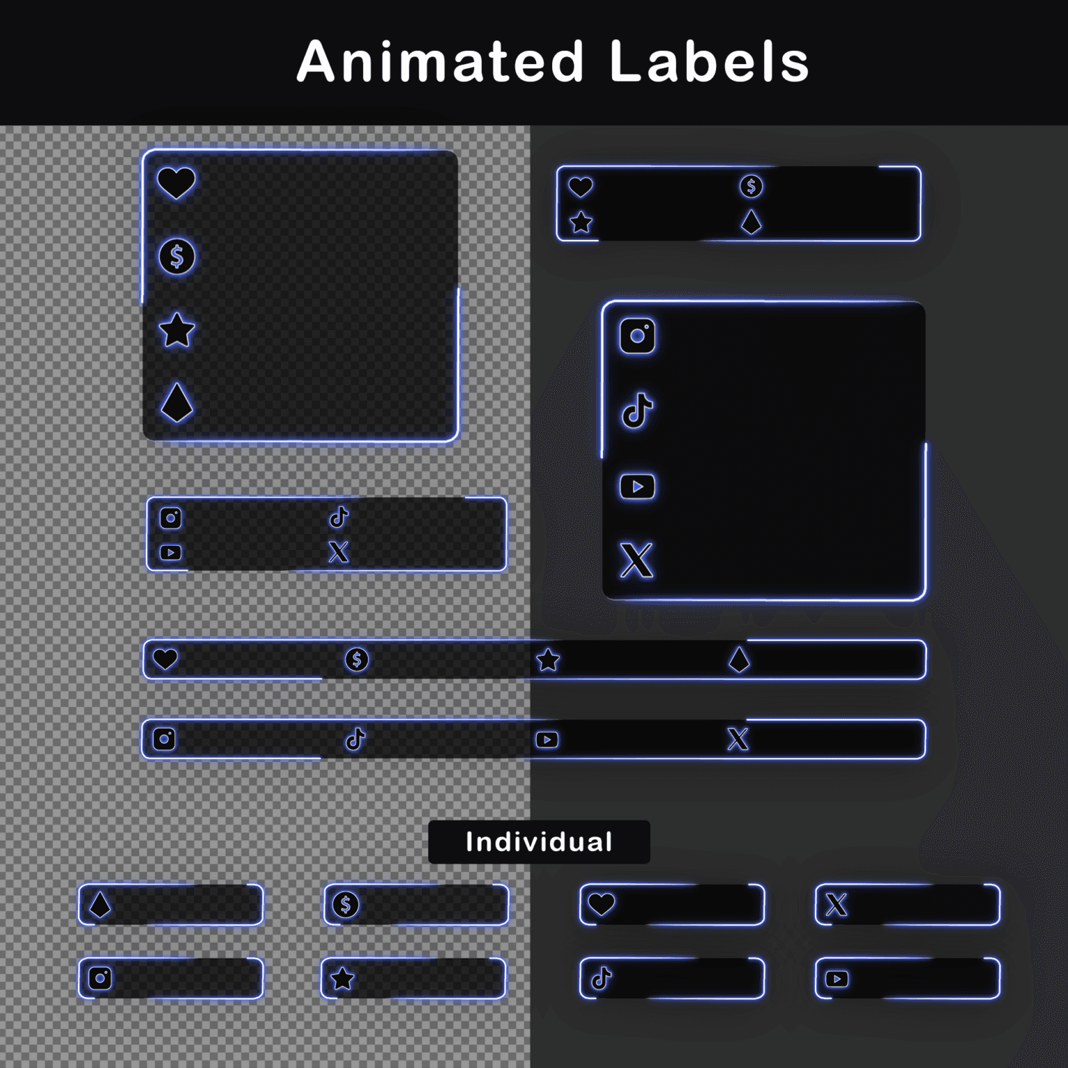Animated Twitch Overlay Pack | Minimalist Black & Blue Stream Package for OBS & VTuber 8 Animated Labels: Social media and stream support labels in dark blue, including icons for Instagram, TikTok, and YouTube.