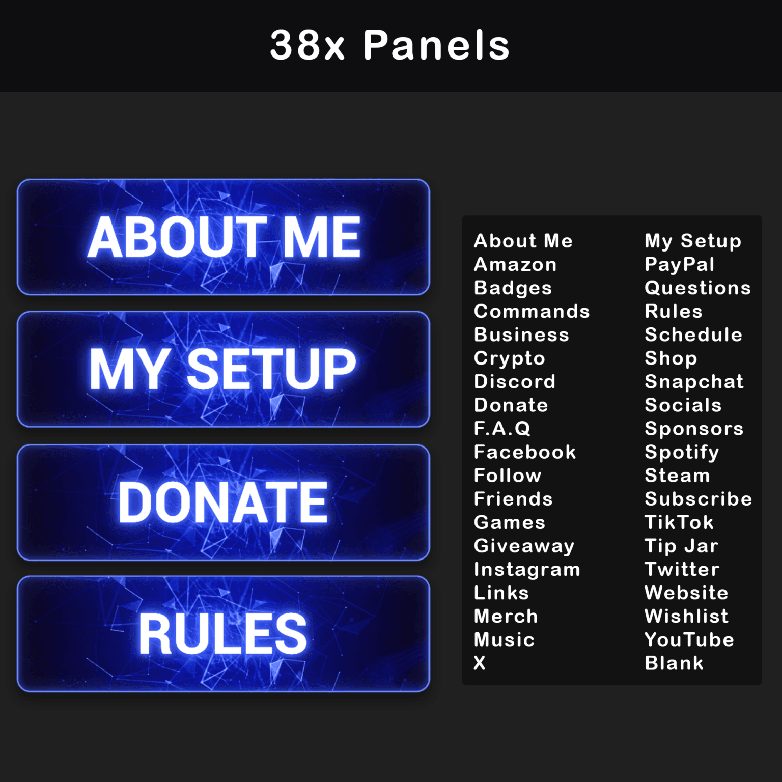 Blue-themed animated Twitch panels including about me, my setup, donate, rules, and many others with a futuristic design.