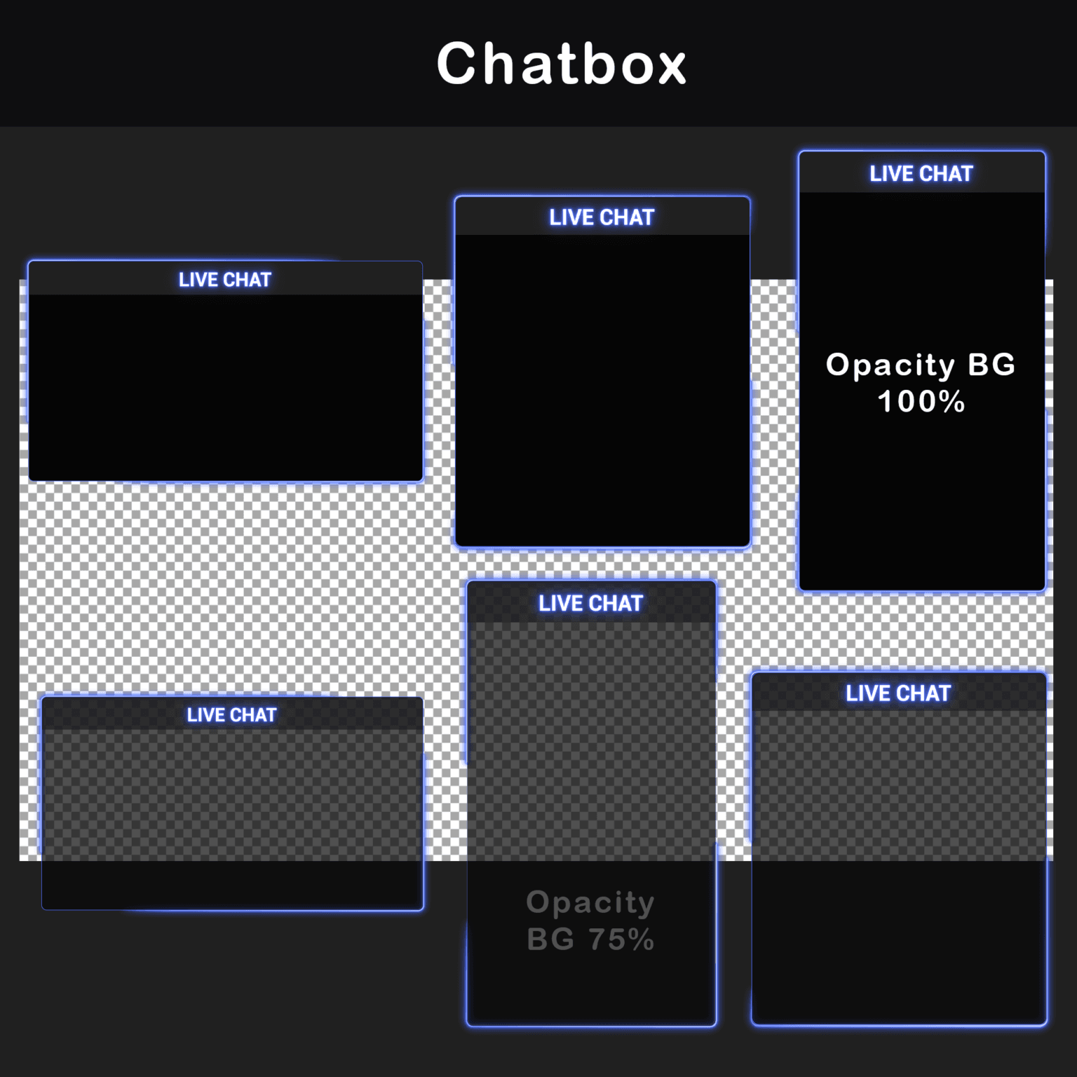Blue-themed animated chatbox overlays in various layouts with options for different opacity levels and futuristic design.