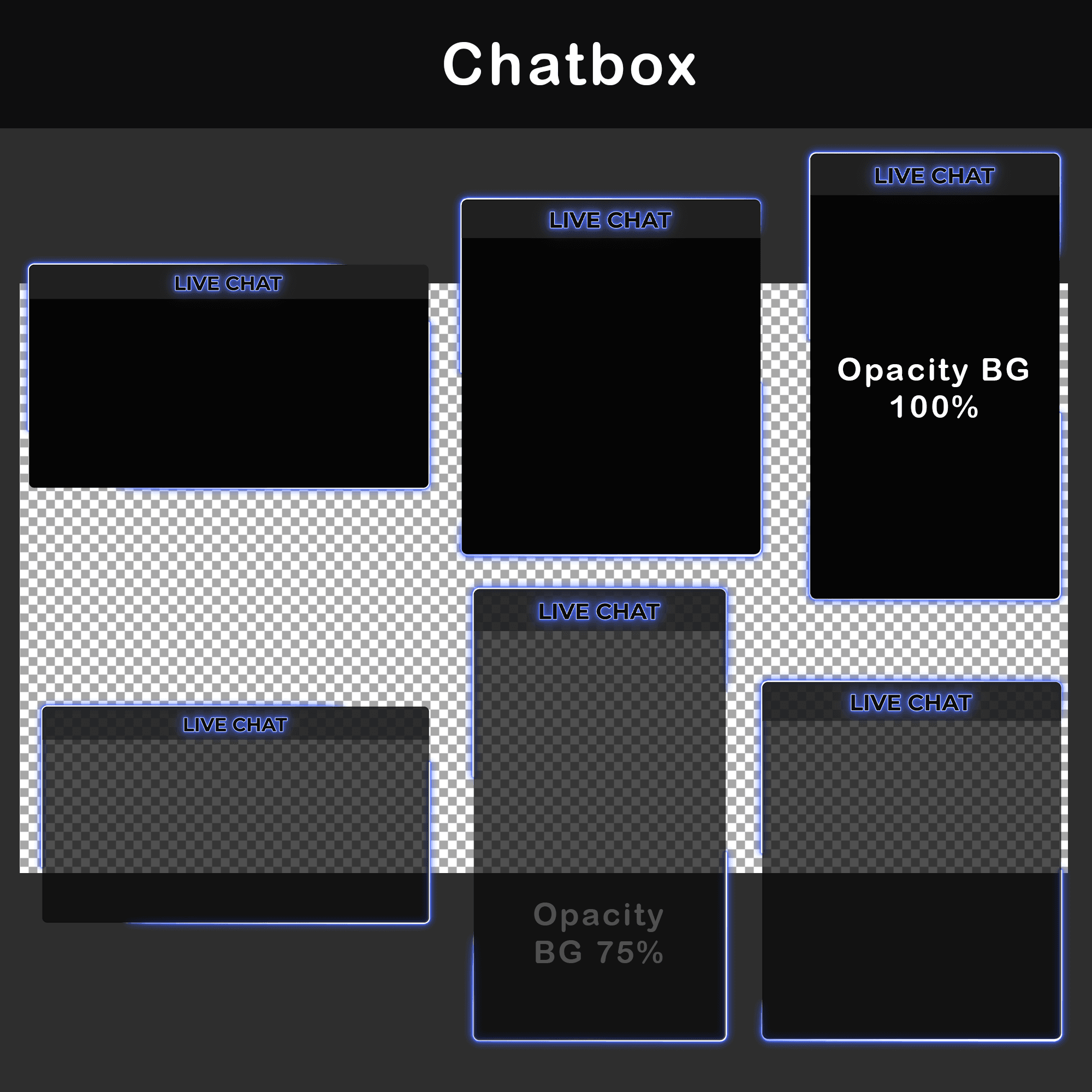 Animated Twitch Overlay Pack | Minimalist Black & Blue Stream Package for OBS & VTuber 7 6x Animated Chatbox: A variety of chatbox overlays with different opacity settings, all in dark blue.
