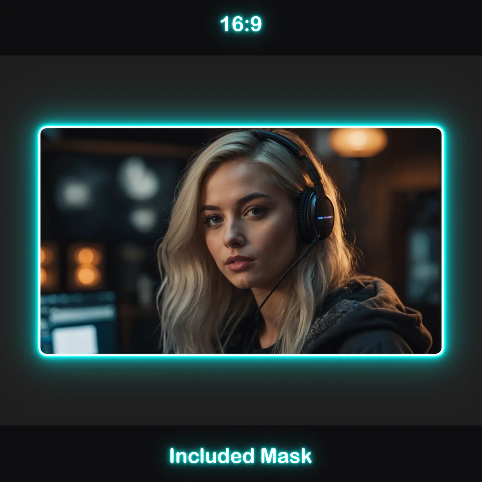 Animated Neon Cyan Glow Webcam Frames 6 Neon Cyan Webcam Overlay: A 16:9 ratio webcam frame with a neon cyan glow, included mask.