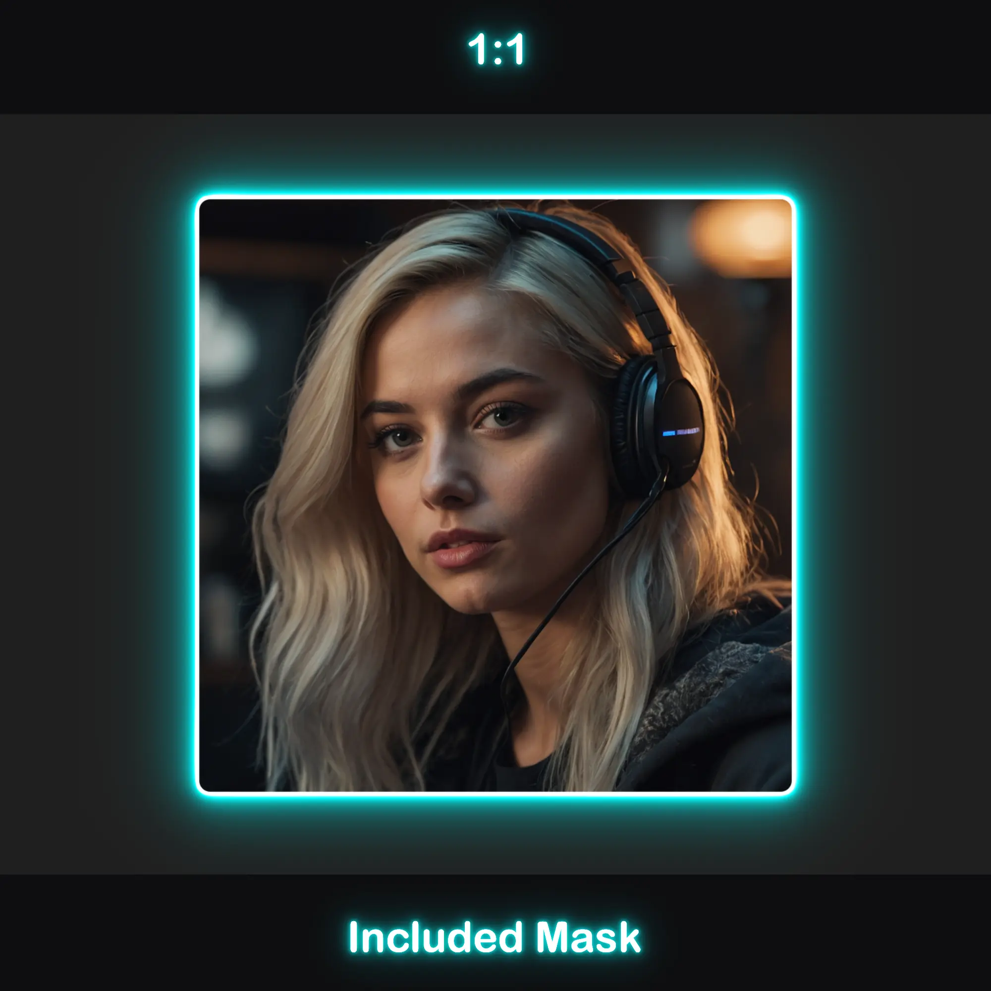 Animated Neon Cyan Glow Webcam Frames 5 Neon Cyan Webcam Overlay: A square 1:1 ratio webcam frame with a neon cyan glow, included mask.