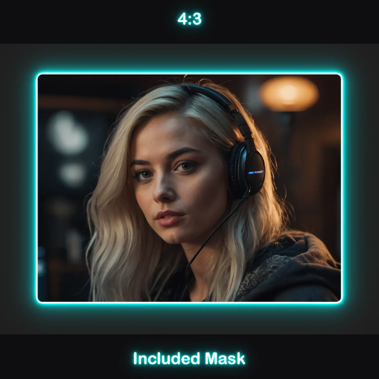 Animated Neon Cyan Glow Webcam Frames 3 Neon Cyan Webcam Overlay: A 4:3 ratio webcam frame with a neon cyan glow, included mask.