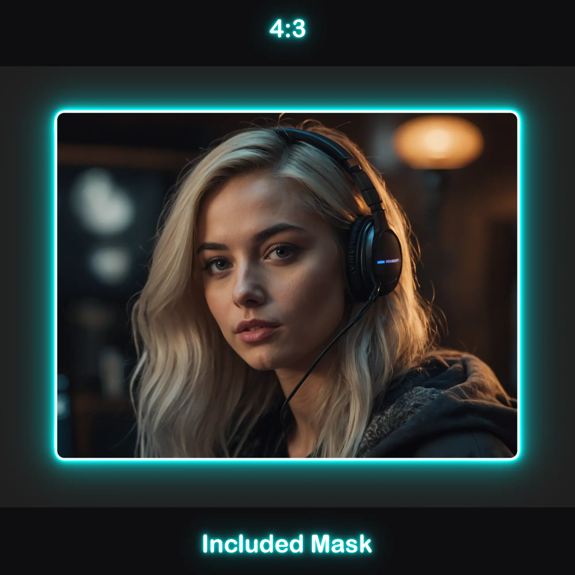 Animated Neon Cyan Glow Webcam Frames 3 Neon Cyan Webcam Overlay: A 4:3 ratio webcam frame with a neon cyan glow, included mask.
