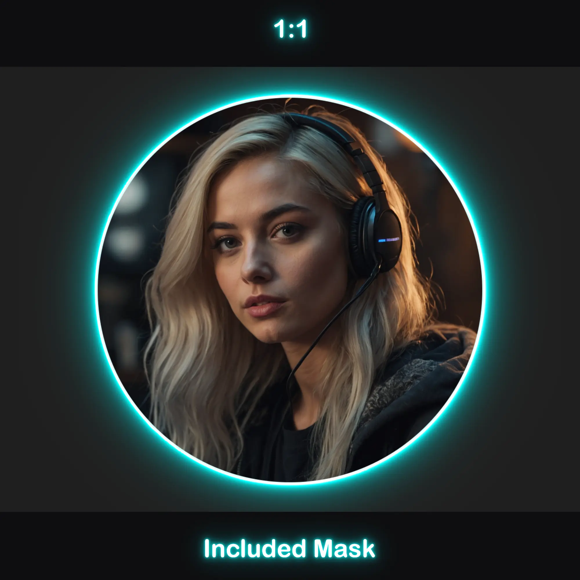 Animated Neon Cyan Glow Webcam Frames 2 Neon Cyan Webcam Overlay: A circular 1:1 ratio webcam frame with a neon cyan glow, included mask.