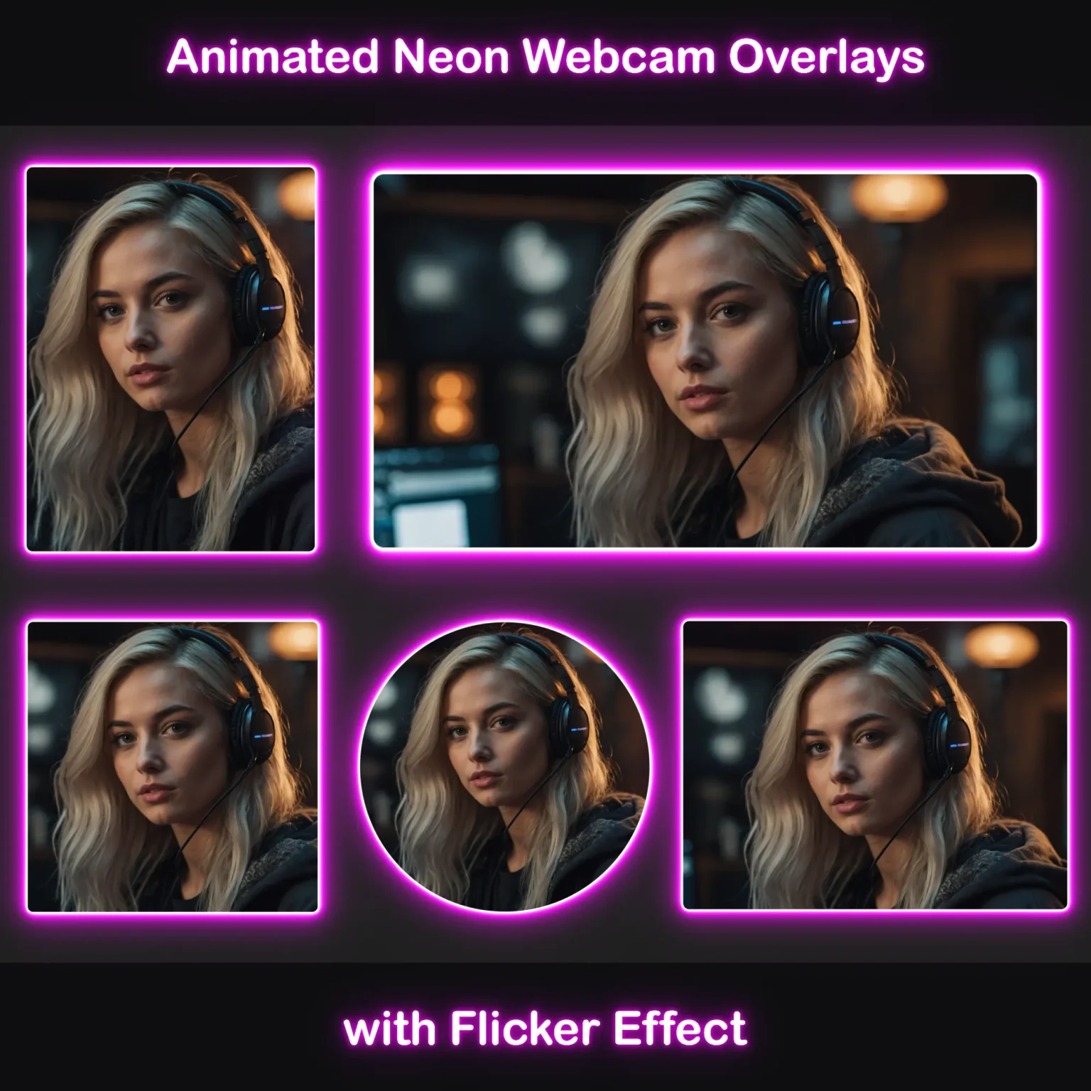 Animated magenta webcam overlays with a flicker effect, showing different aspect ratios including 16:9, 4:3, 3:4, 1:1, and a circular overlay. Each frame has a magenta glow
