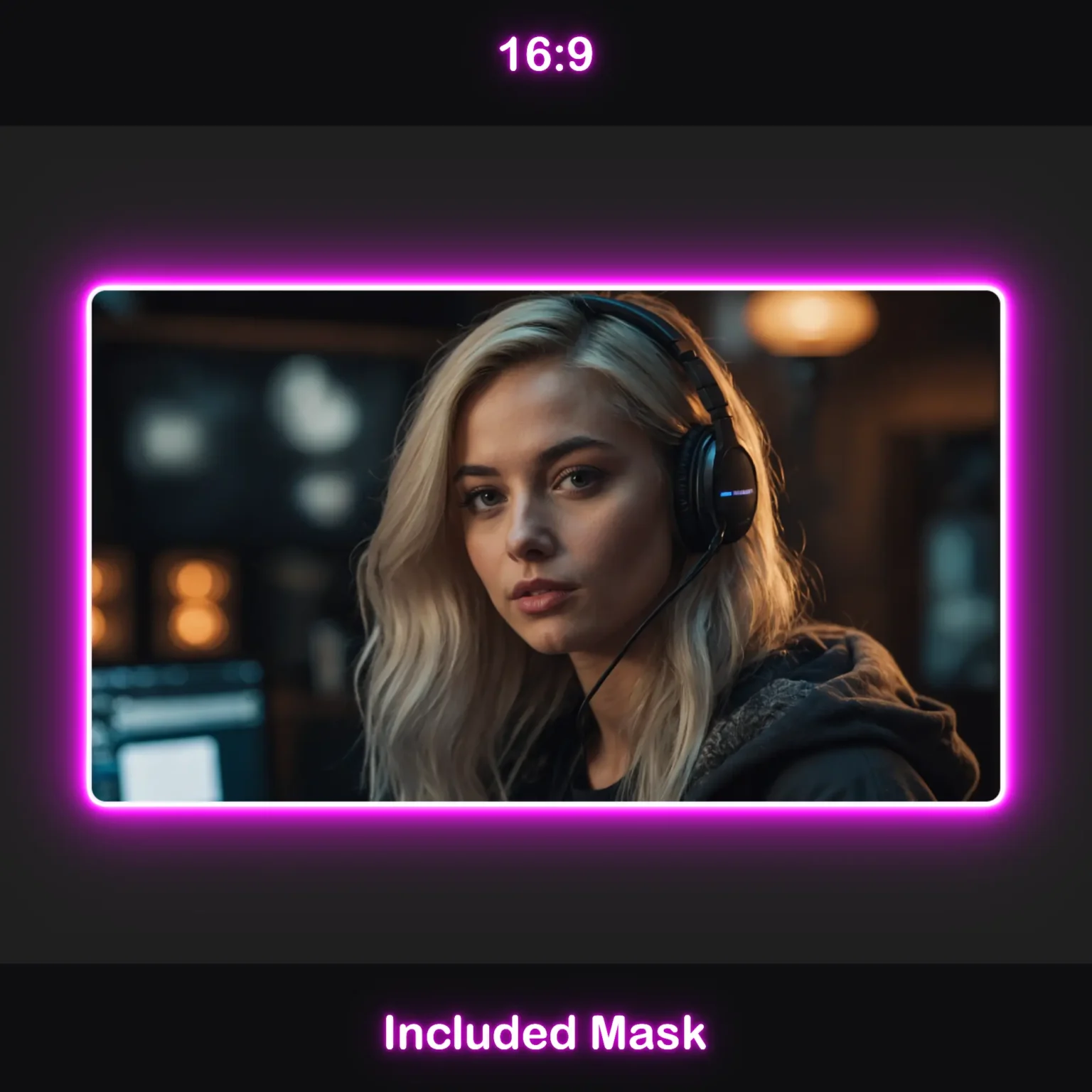 Animated magenta webcam overlay in 16:9 aspect ratio with rounded corners, a magenta glow, and an included mask