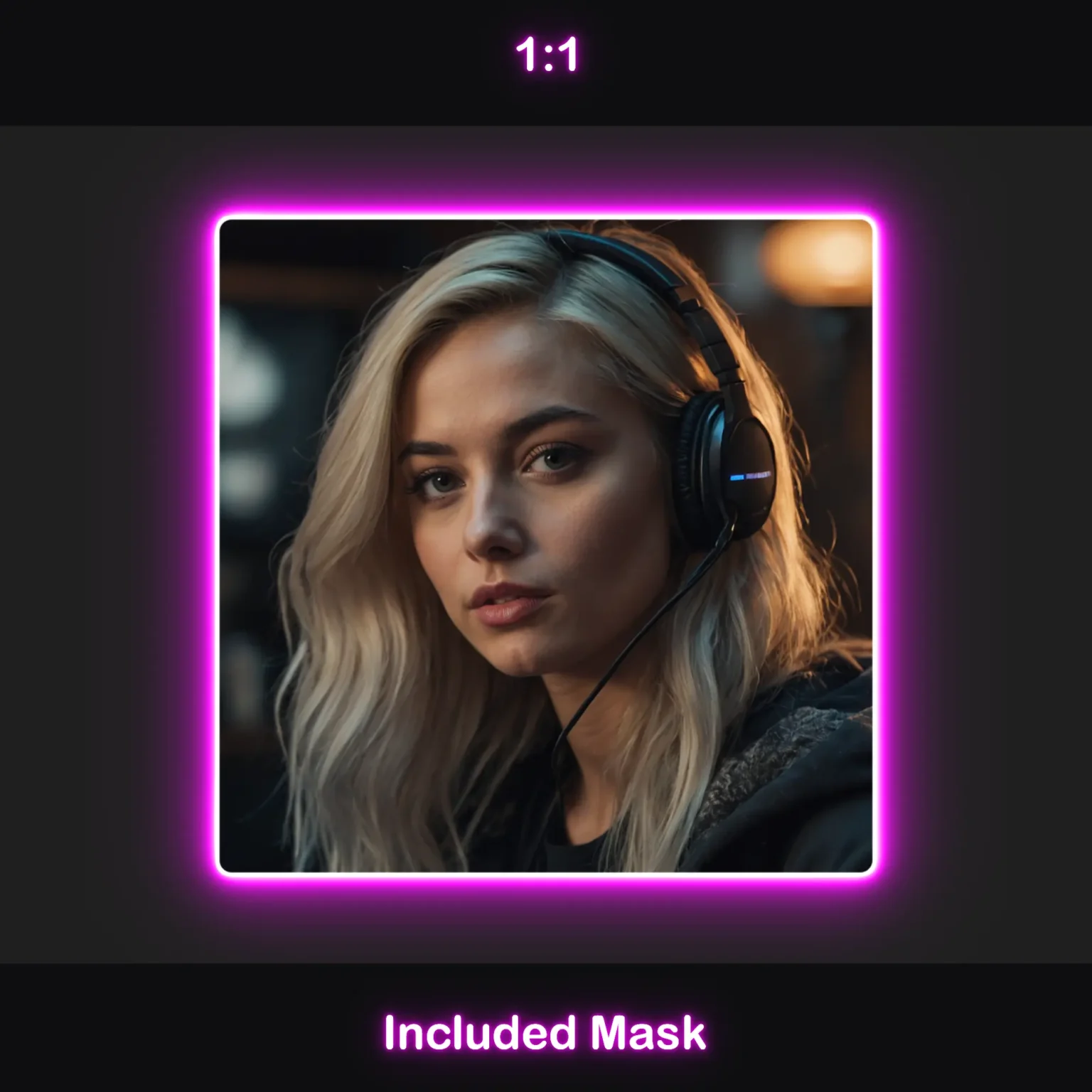 Animated magenta webcam overlay in 1:1 aspect ratio with rounded corners, a magenta glow, and an included mask