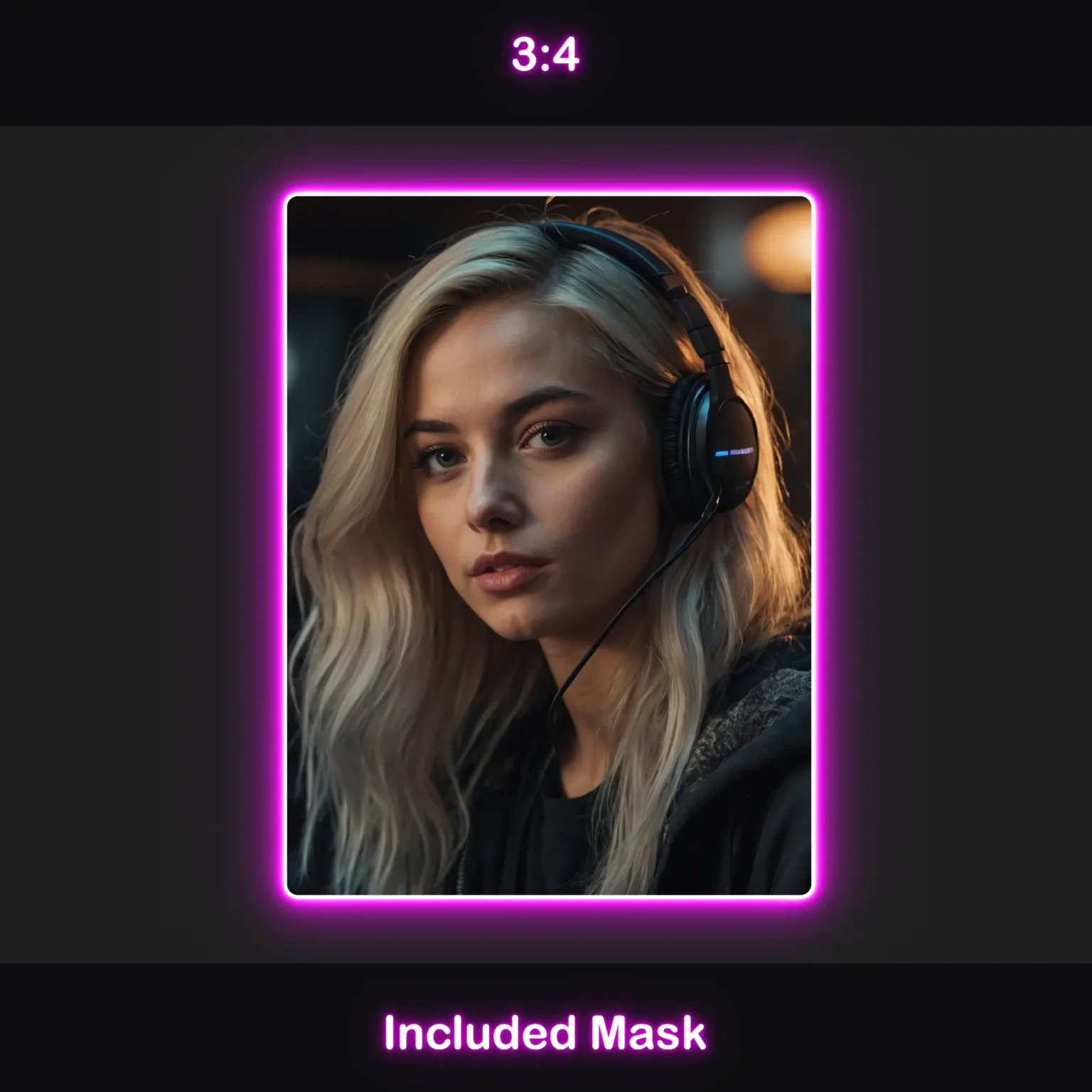 Animated magenta webcam overlay in 3:4 aspect ratio with rounded corners, a magenta glow, and an included mask