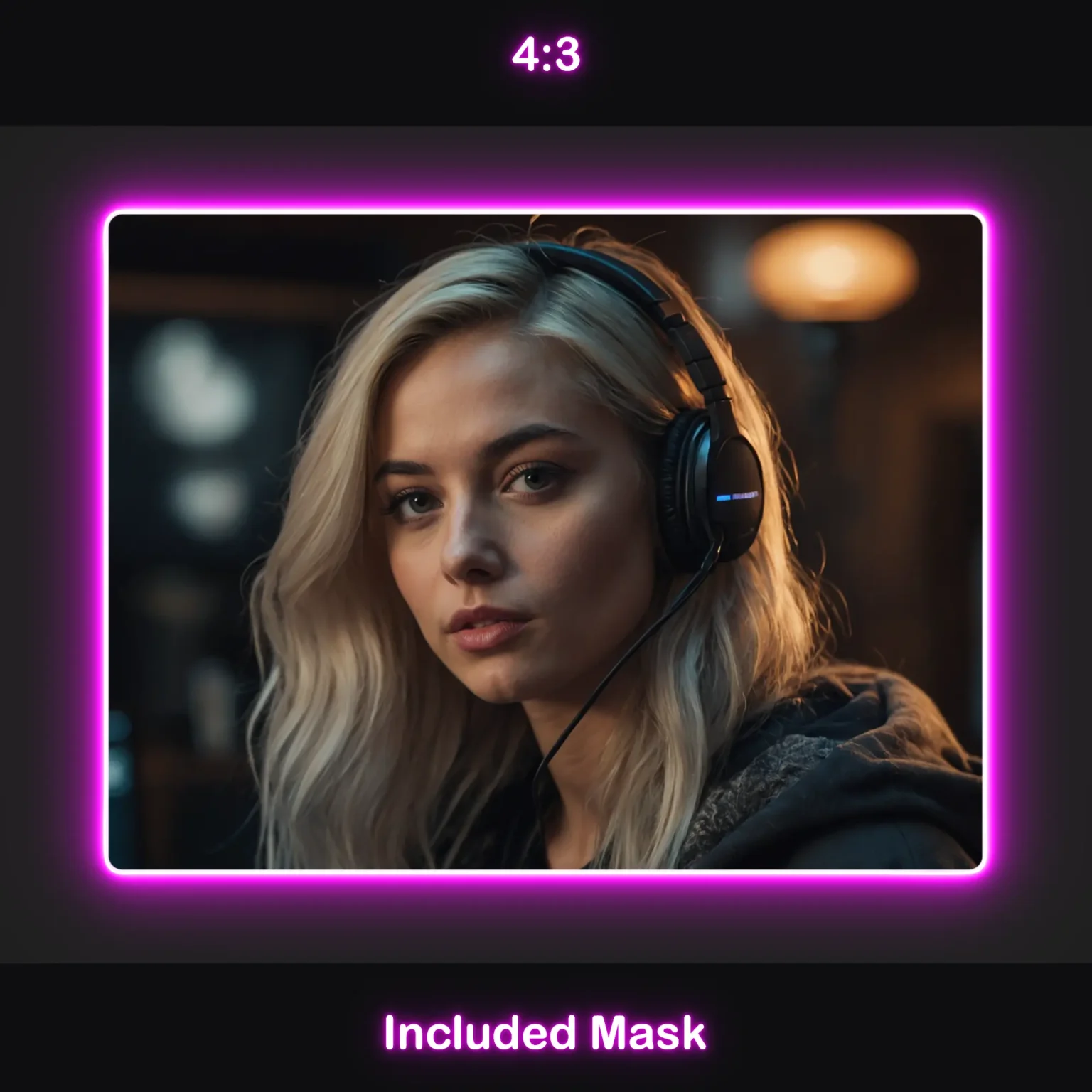 Animated magenta webcam overlay in 4:3 aspect ratio with rounded corners, a magenta glow, and an included mask