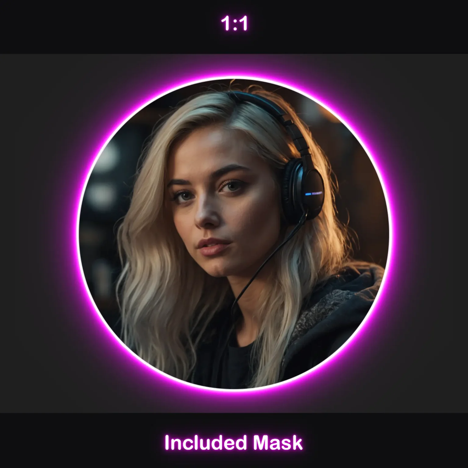 Animated magenta webcam overlay in 1:1 circular aspect ratio with rounded corners, a magenta glow, and an included mask
