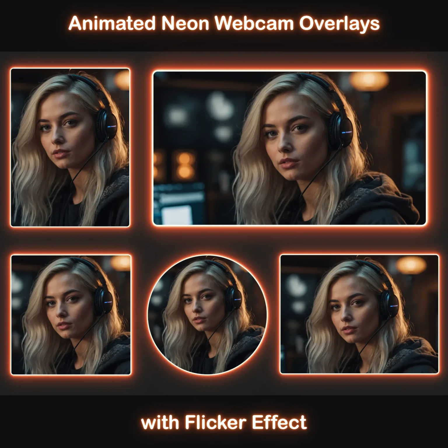 Animated Neon Orange Glow Webcam Frames 1 Animated orange webcam overlays with a flicker effect, showing different aspect ratios including 16:9, 4:3, 3:4, 1:1, and a circular overlay. Each frame has an orange glow