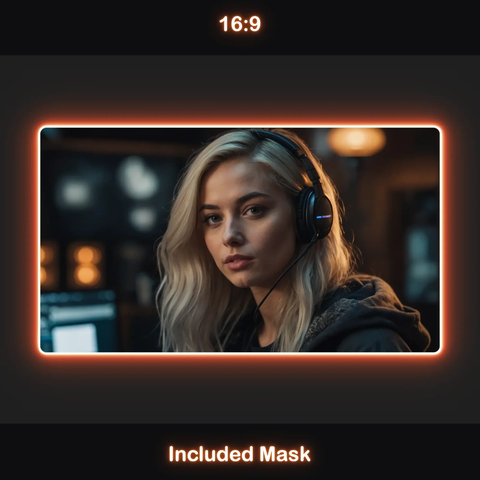 Animated Neon Orange Glow Webcam Frames 2 Animated orange webcam overlay in 16:9 aspect ratio with rounded corners, an orange glow, and an included mask