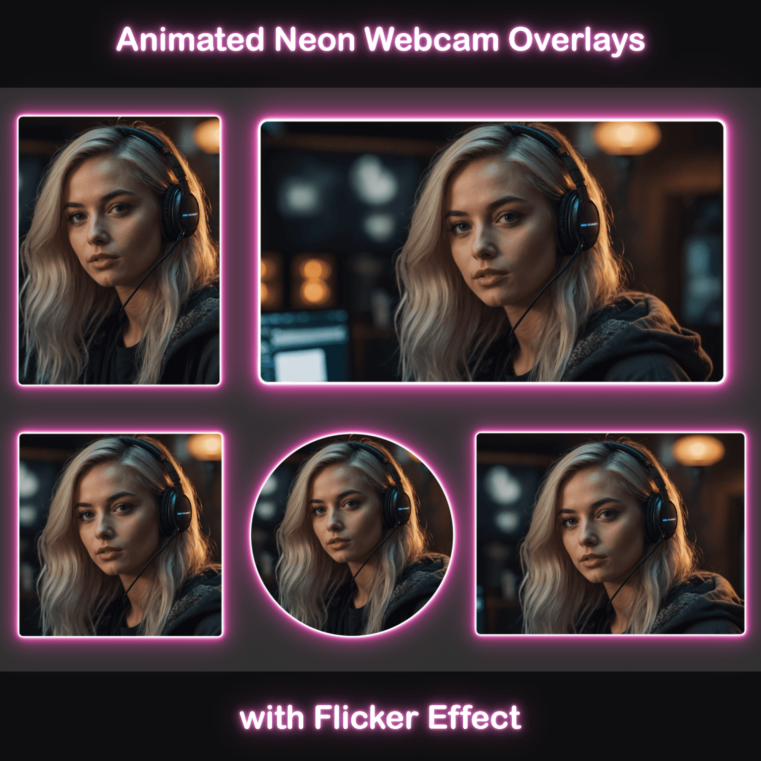Animated Neon Pink Glow Webcam Frames 1 Animated Neon Webcam Overlays: Various webcam frame shapes in neon pink with a flicker effect, featuring different aspect ratios.