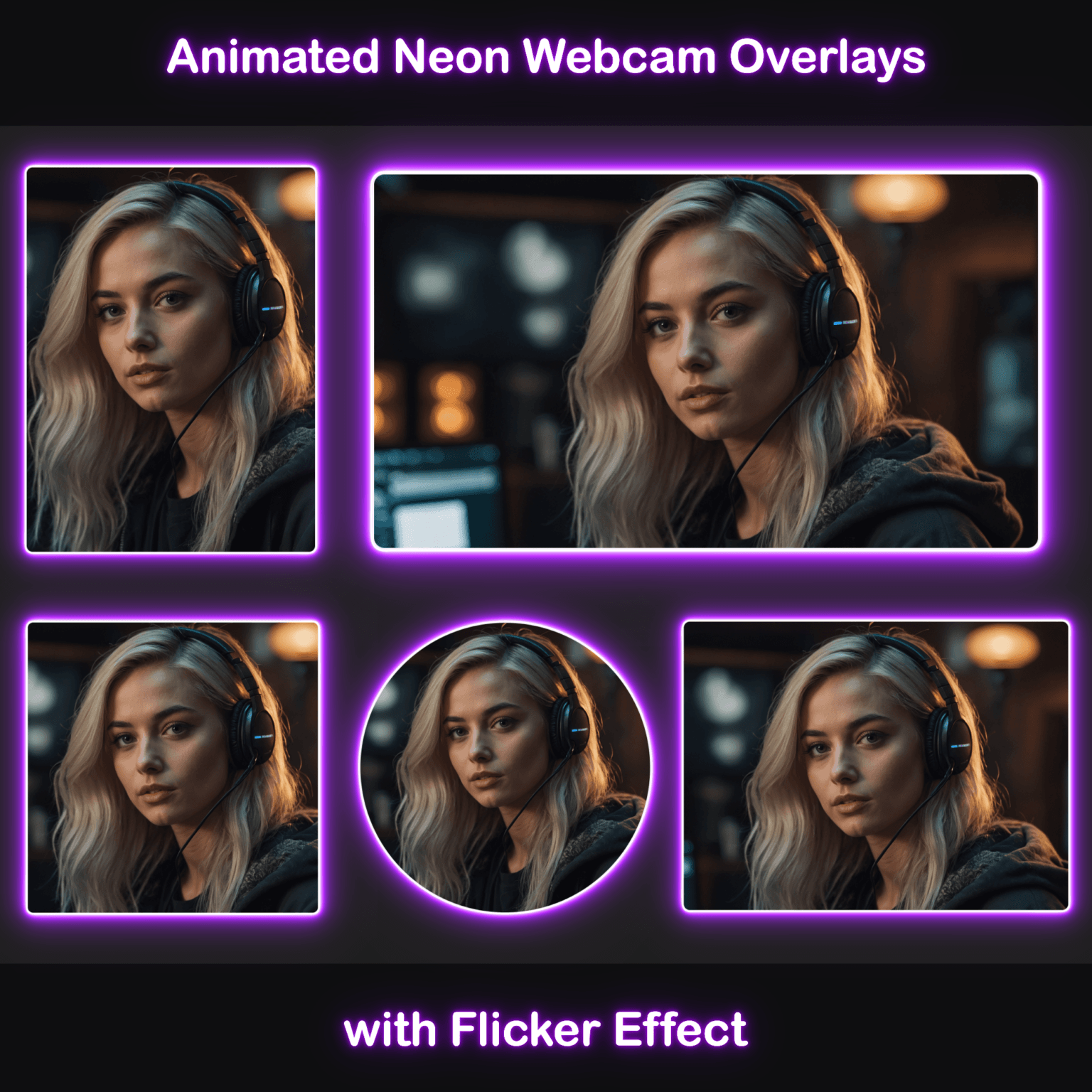 Animated Neon Purple Glow Webcam Frames 1 Neon Purple Webcam Overlay: Various webcam frame shapes in neon purple with a flicker effect, featuring different aspect ratios.