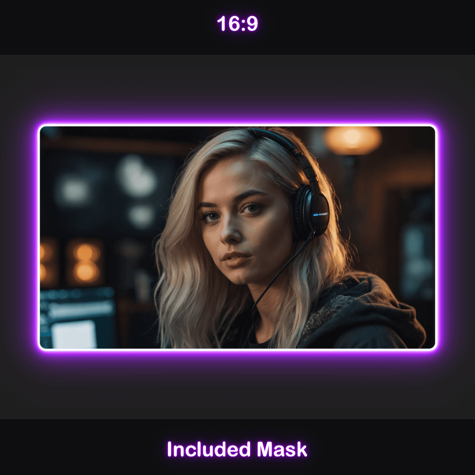 Animated Neon Purple Glow Webcam Frames 2 Neon Purple Webcam Overlay: A 16:9 ratio webcam frame with a neon purple glow, included mask.