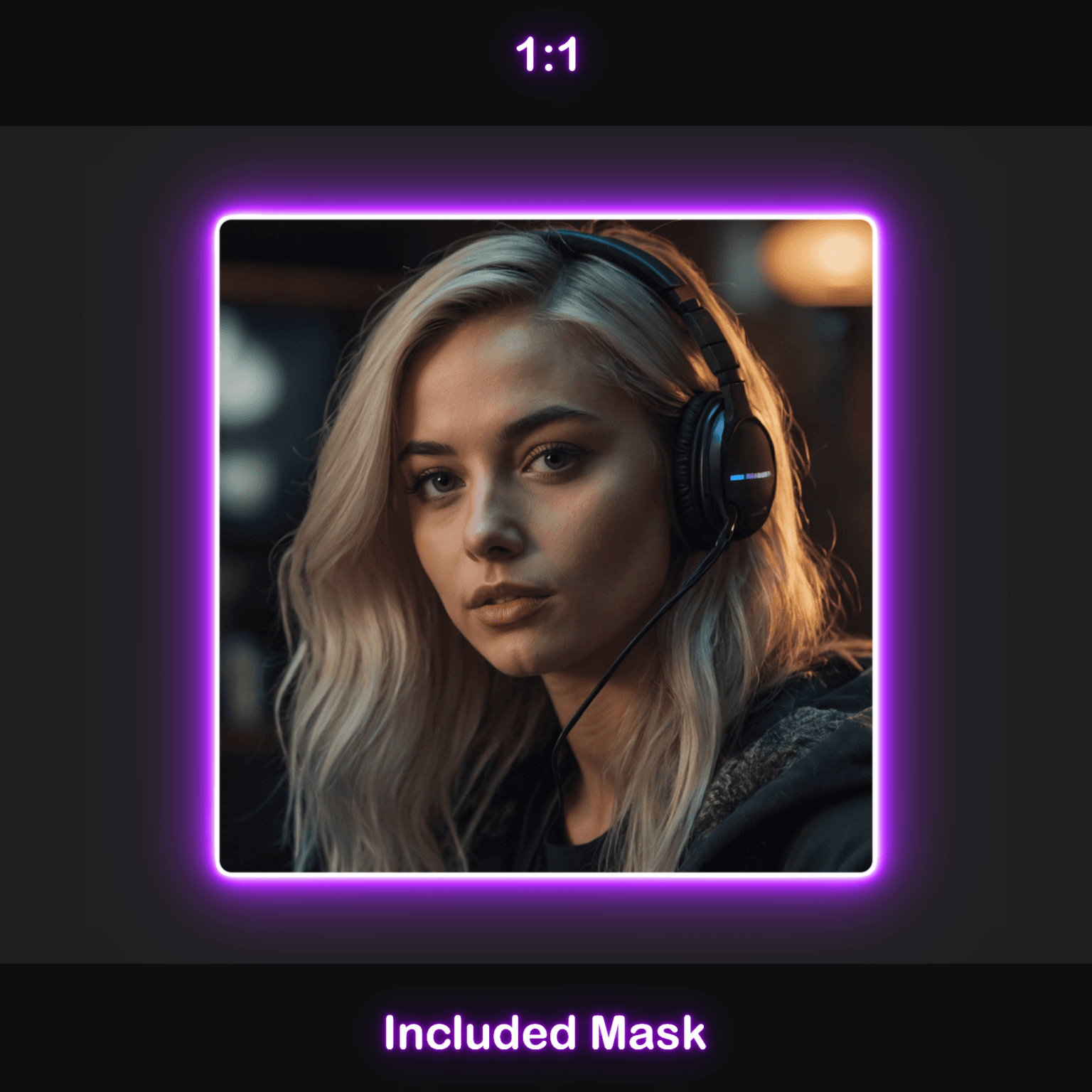 Animated Neon Purple Glow Webcam Frames 6 Neon Purple Webcam Overlay: A square 1:1 ratio webcam frame with a neon purple glow, included mask.