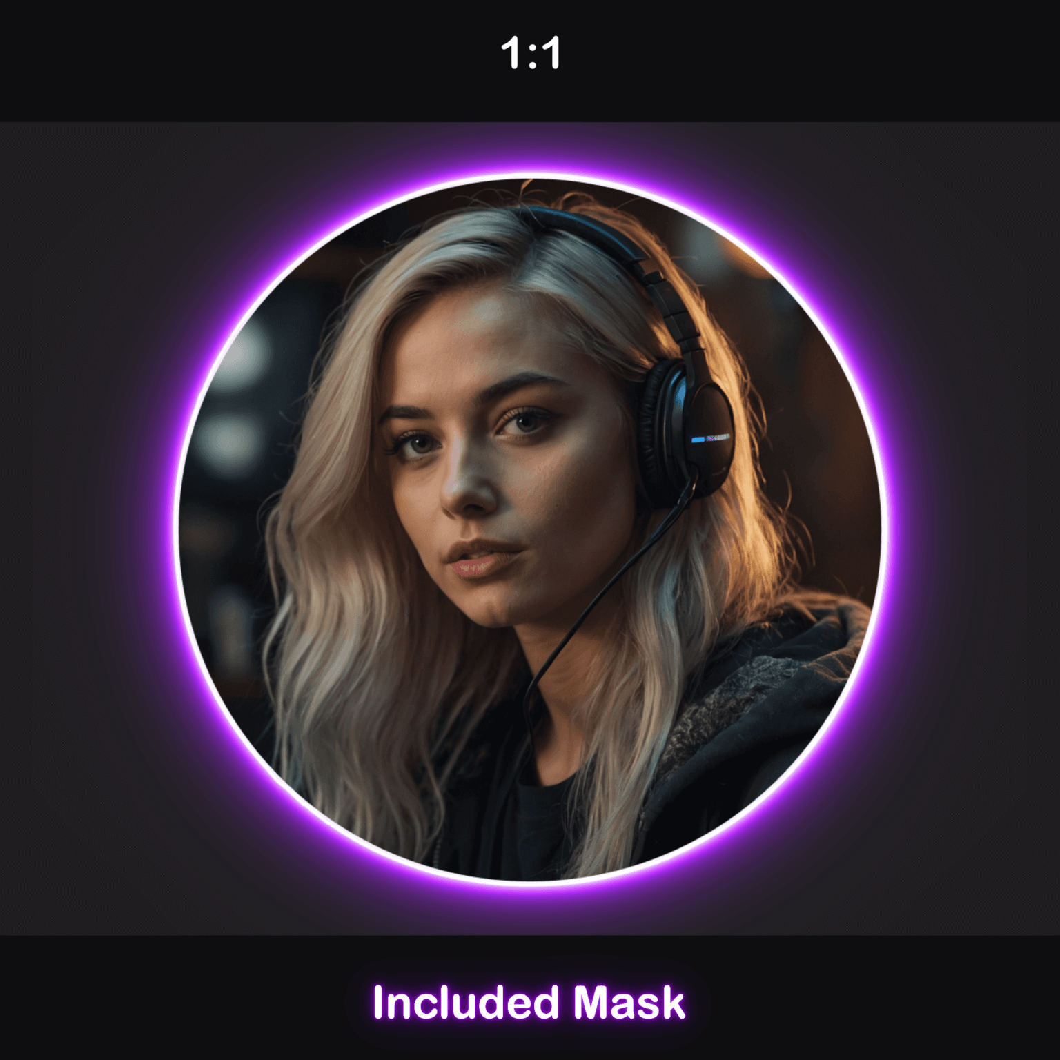 Animated Neon Purple Glow Webcam Frames 3 Neon Purple Webcam Overlay: A circular 1:1 ratio webcam frame with a neon purple glow, included mask.