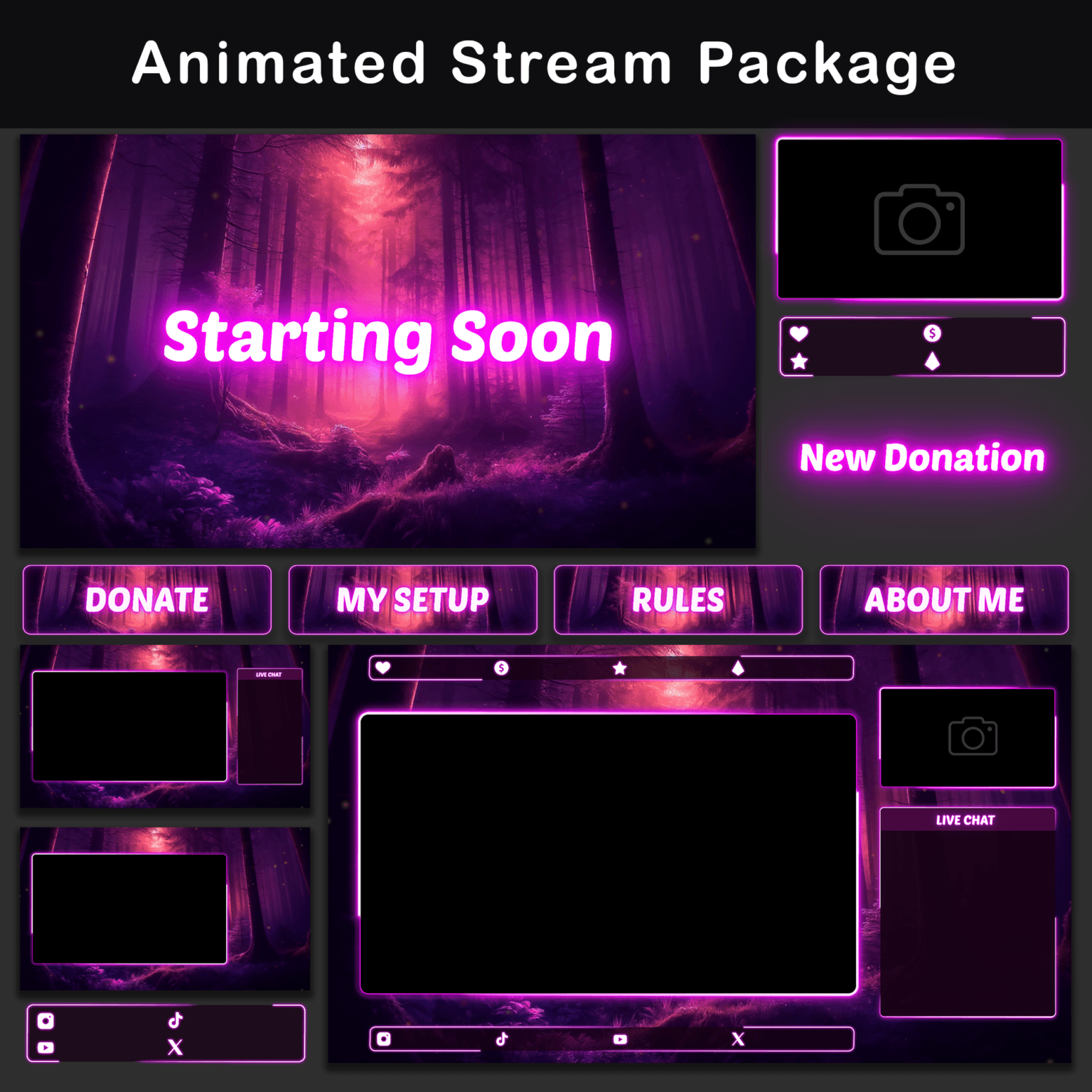 Twitch Overlay Pack - Animated Enchanted Forest Fantasy 1 Animated Pink Twitch Overlay pack, Purple Stream package