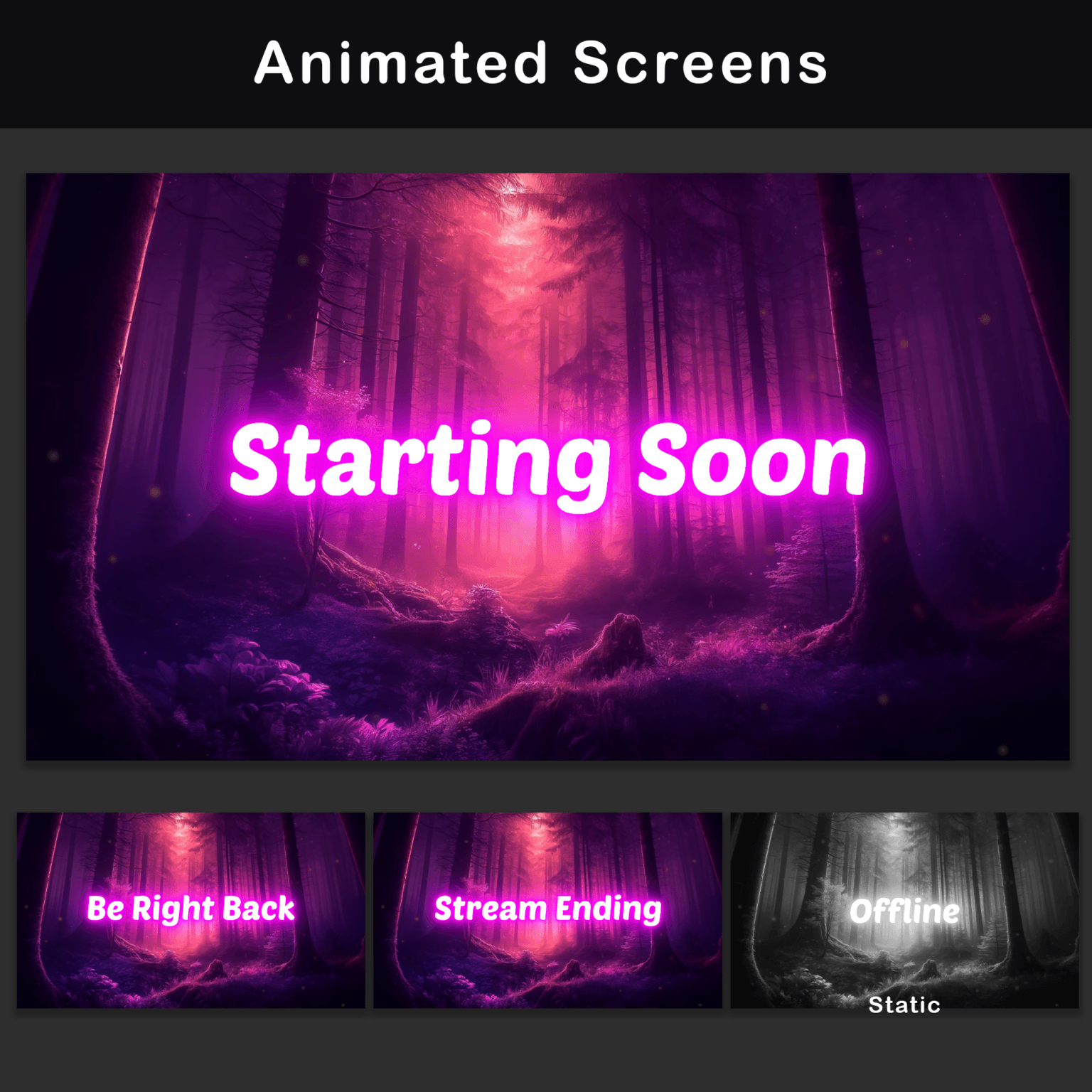 Twitch Overlay Pack - Animated Enchanted Forest Fantasy 8 Animated Pink Twitch Overlay pack, Purple Stream package