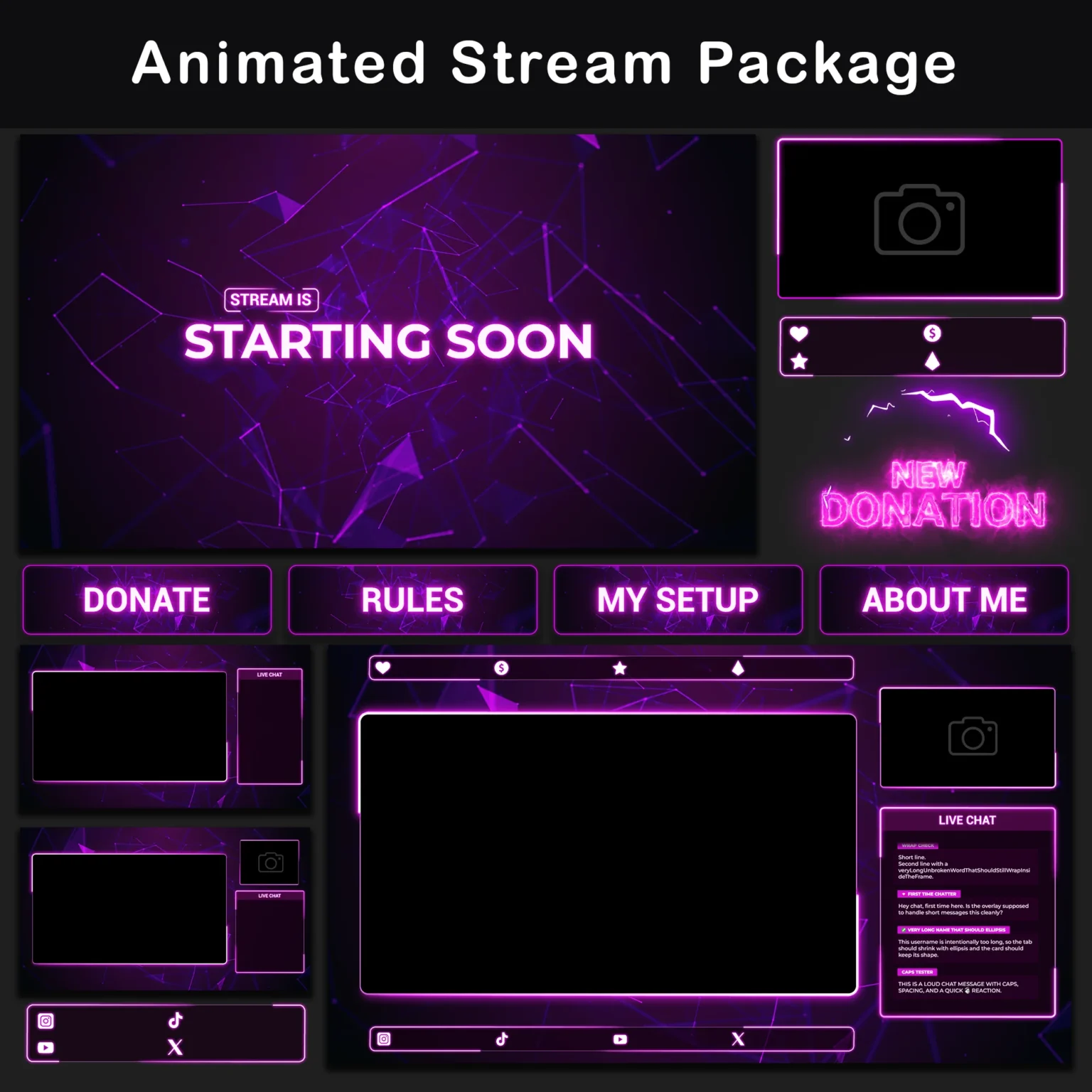 Pink and purple animated stream overlay package shown as a full product collage, with neon starting screen, glowing Twitch panels, donation alert, webcam frame, live chat box, social bars and premade stream layouts in one matching digital style.