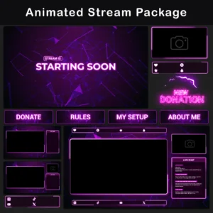 Pink and purple animated stream overlay package shown as a full product collage, with neon starting screen, glowing Twitch panels, donation alert, webcam frame, live chat box, social bars and premade stream layouts in one matching digital style.