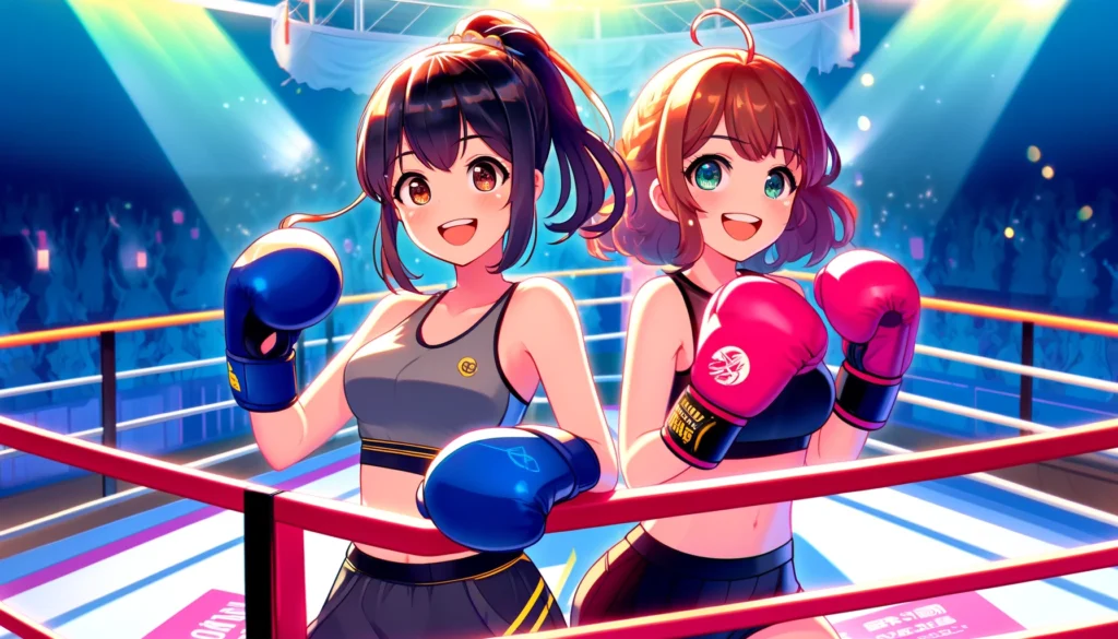 two young, happy women standing in a ring as competitors.
