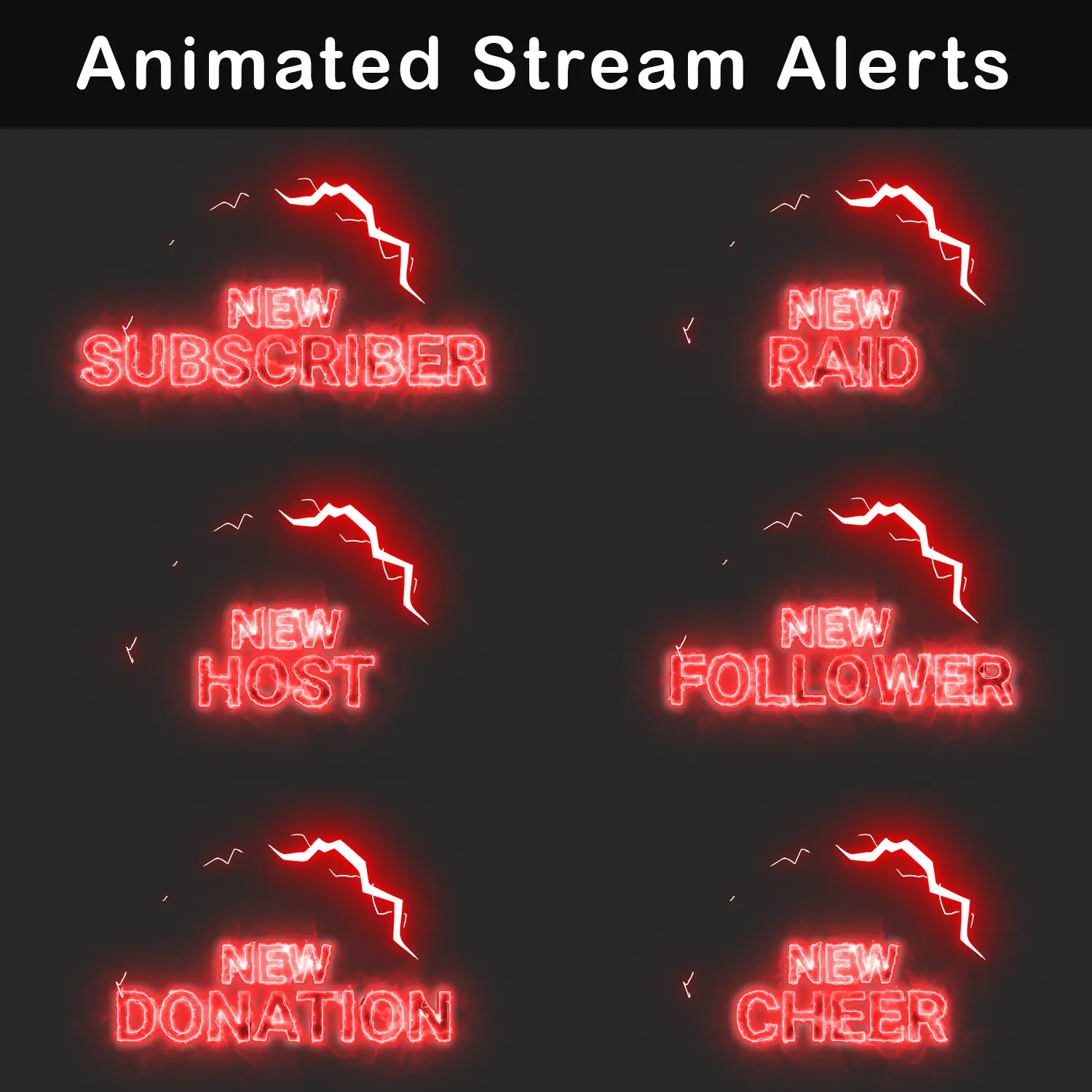 Neon Glow Full Screen Twitch Alerts - 6 Pack | Red Neon Style 1 Full Screen Red Neon Glow Animated Stream Alerts - New Cheer, New Donation, New Follower, New Host, New Raid, New Subscriber