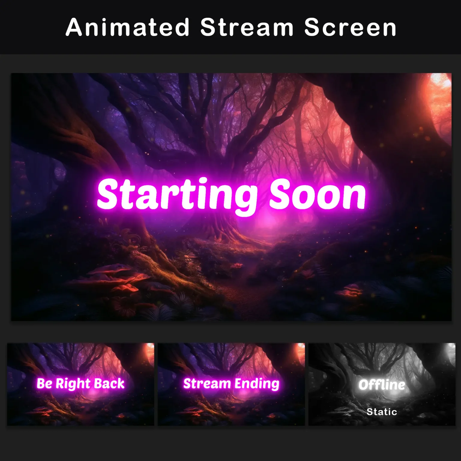 Stream Starting Soon Animated Screens Pack - Enchanted Forest 1 Animated Stream Screens Magic Forest - Starting Soon (Pink Neon Style)