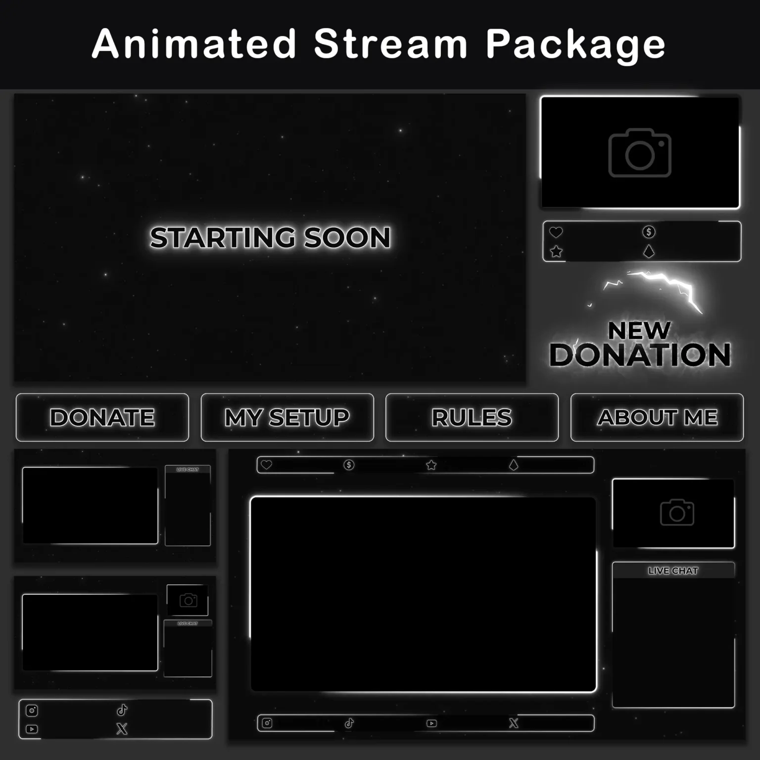 Animated Black and White Twitch Overlay Package | Minimalist 1 Animated Stream Package Overview: A collection of various animated stream elements in black and white, including "Starting Soon" screen, donation alert, and several panels for "Donate", "My Setup", "Rules", and "About Me".