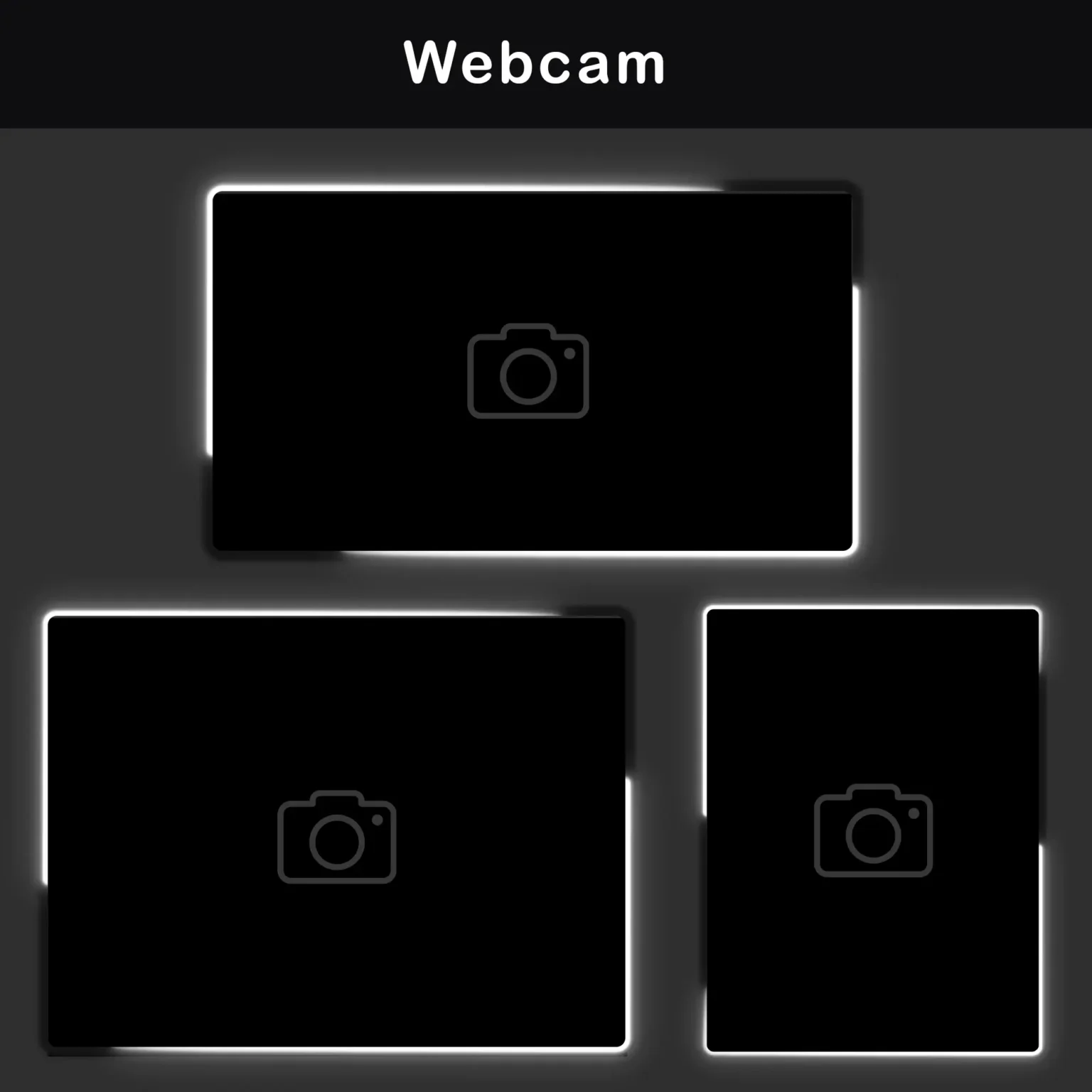 Animated Black and White Twitch Overlay Package | Minimalist 5 Webcam Overlays: Various animated webcam overlay formats suitable for different aspect ratios (3:4, 4:3, and 16:9), designed in a black and white minimalist style.