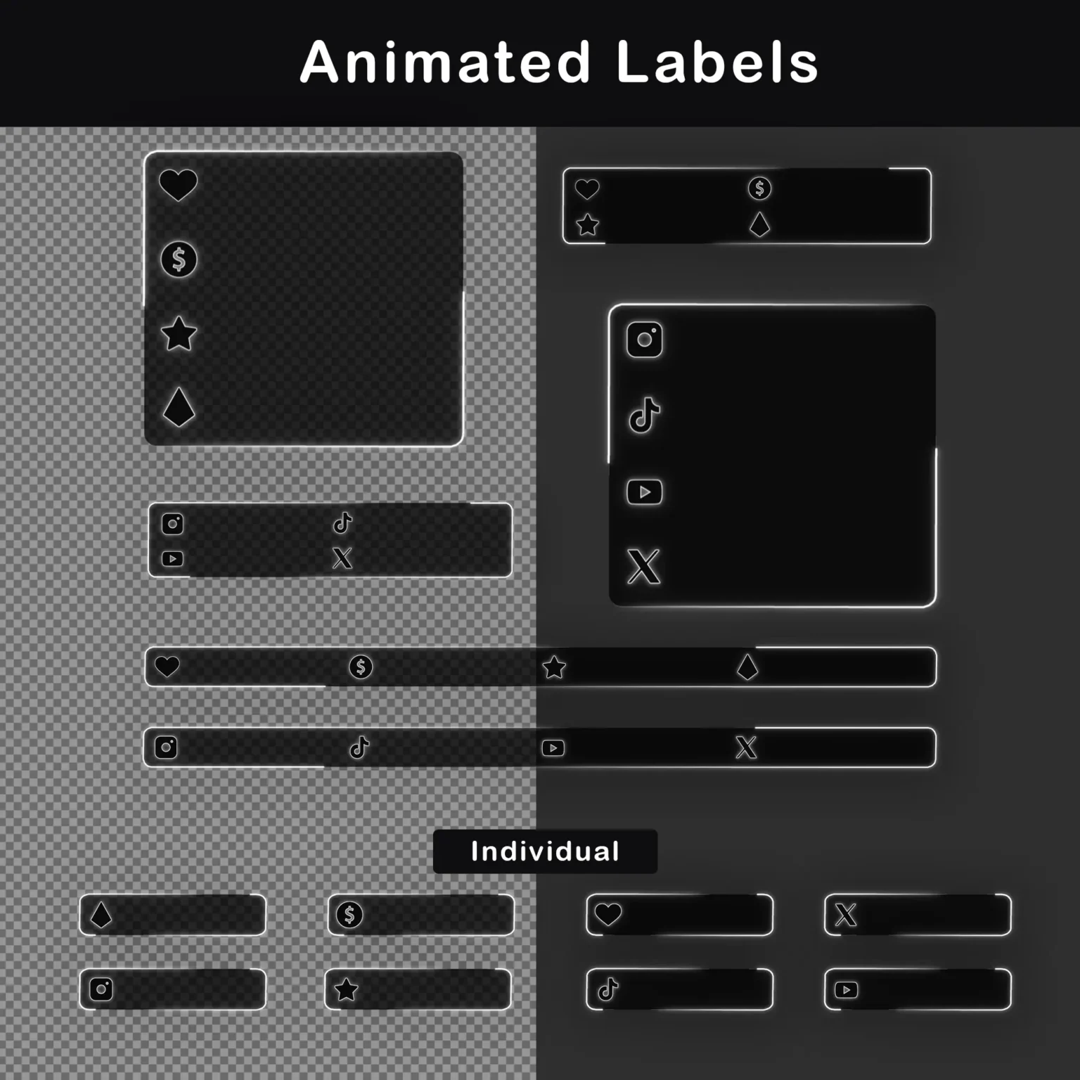 Animated Black and White Twitch Overlay Package | Minimalist 4 Animated Labels: A selection of animated labels for social media and stream support, including individual icons and bars, all in black and white.
