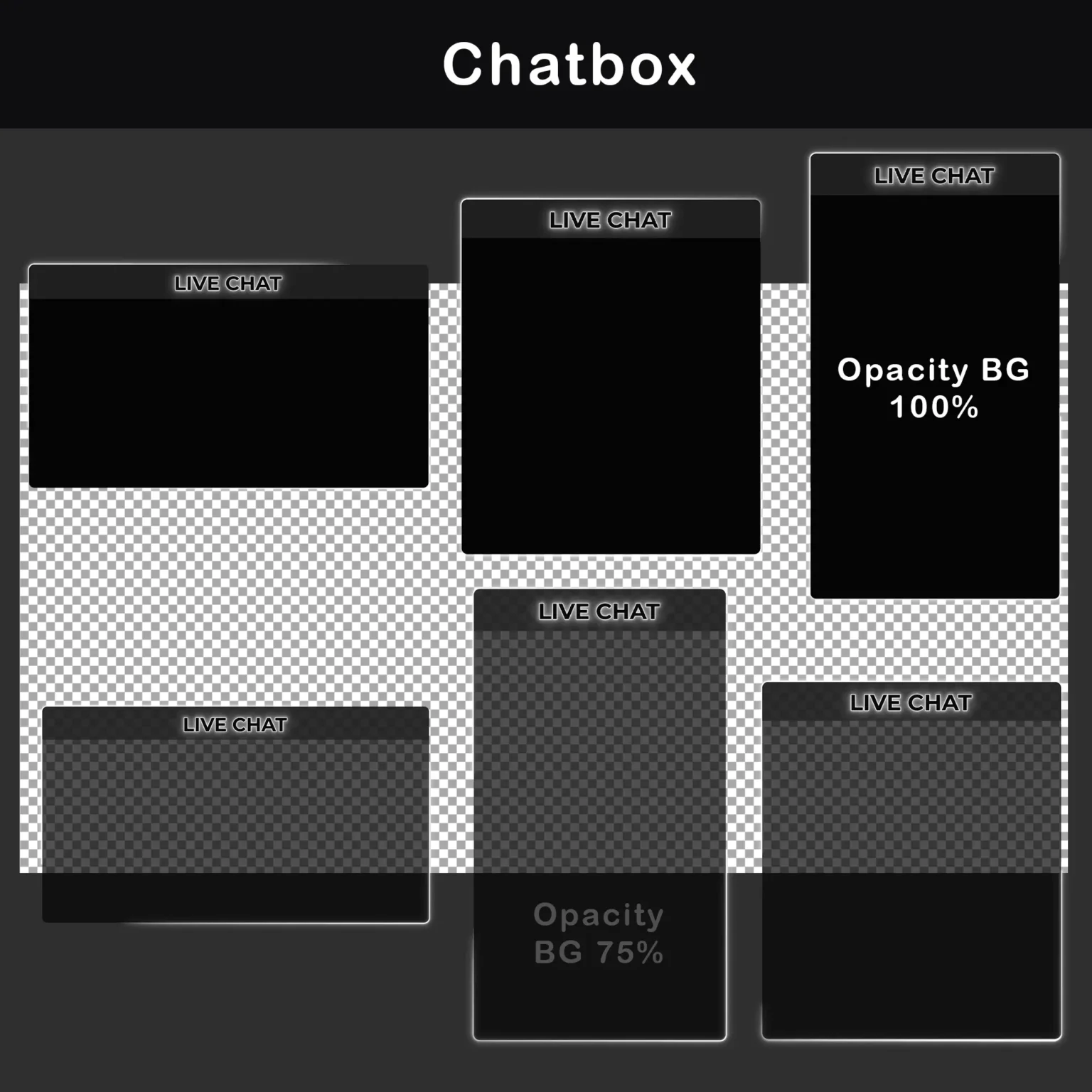 Animated Black and White Twitch Overlay Package | Minimalist 9 Chatbox Overlays: Multiple animated chatbox overlays for Twitch streams, with varying levels of background opacity, designed in a black and white minimalist style.