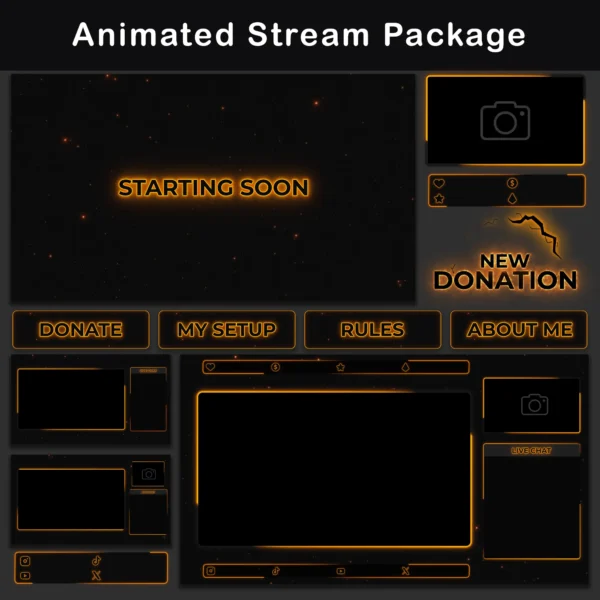 Overview of the Animated Stream Package in black and orange, featuring a 'Starting Soon' screen, 'New Donation' alert, and various stream panels such as Donate, My Setup, Rules, and About Me.