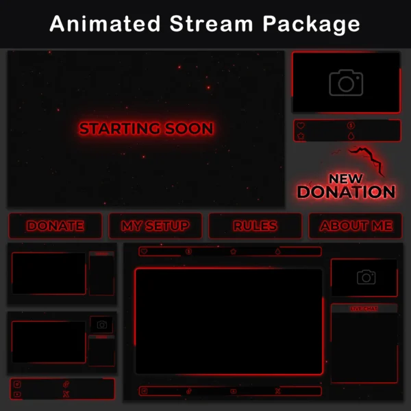 A comprehensive animated stream package, including screens, overlays, panels, and labels with a red neon theme.