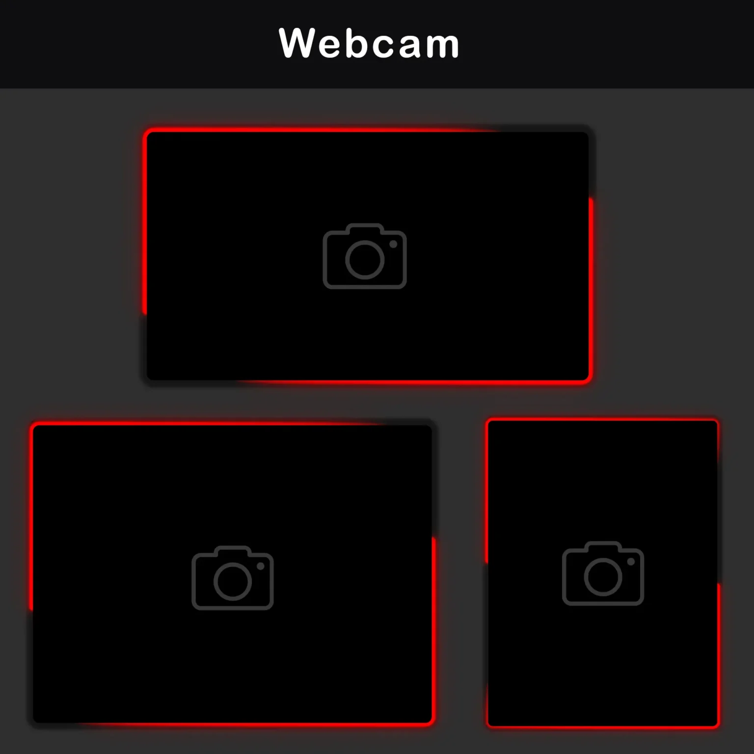 Three webcam frames for live streaming, each outlined in red neon.