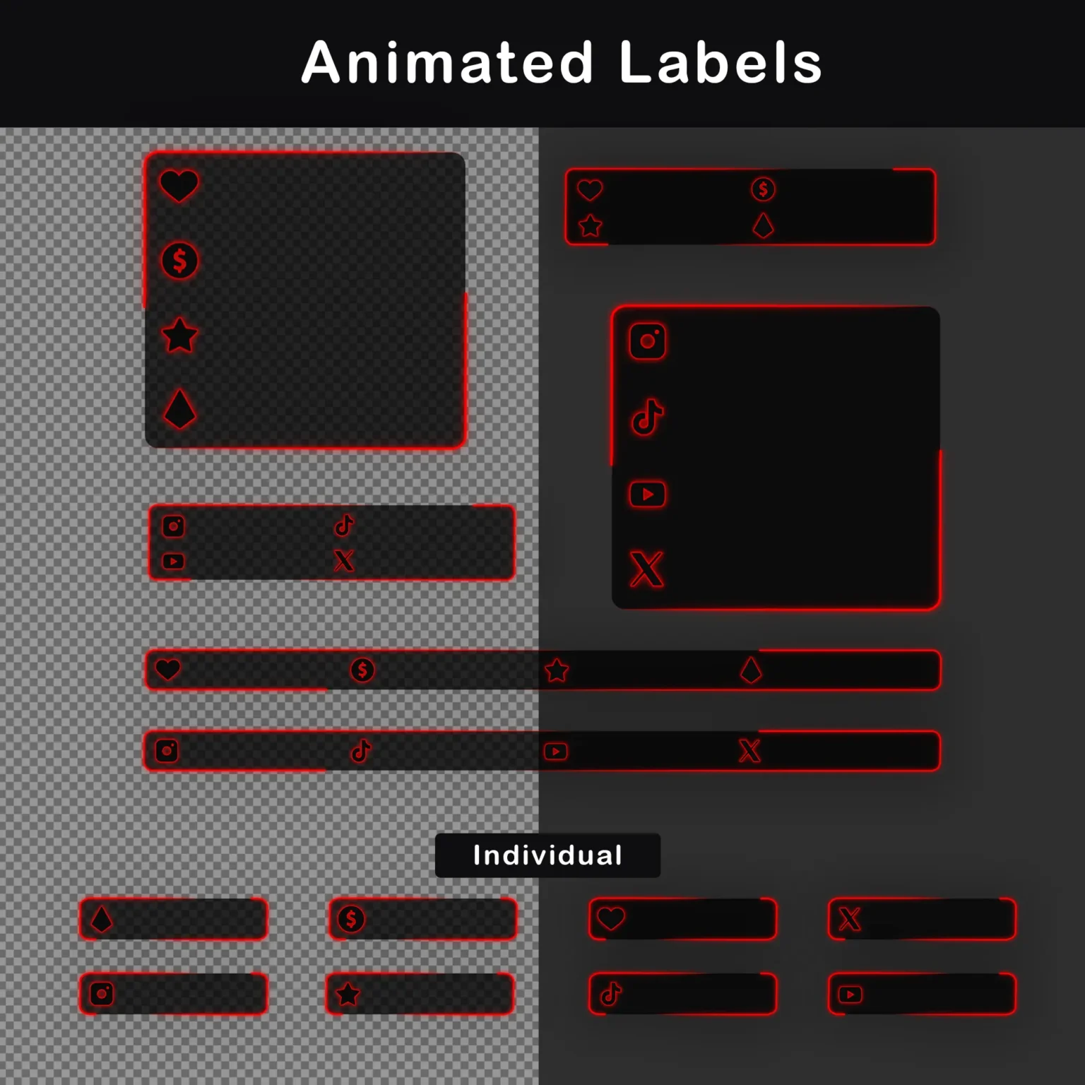 Animated labels for stream notifications, featuring icons for social media, donations, and other interactions in a red neon style.