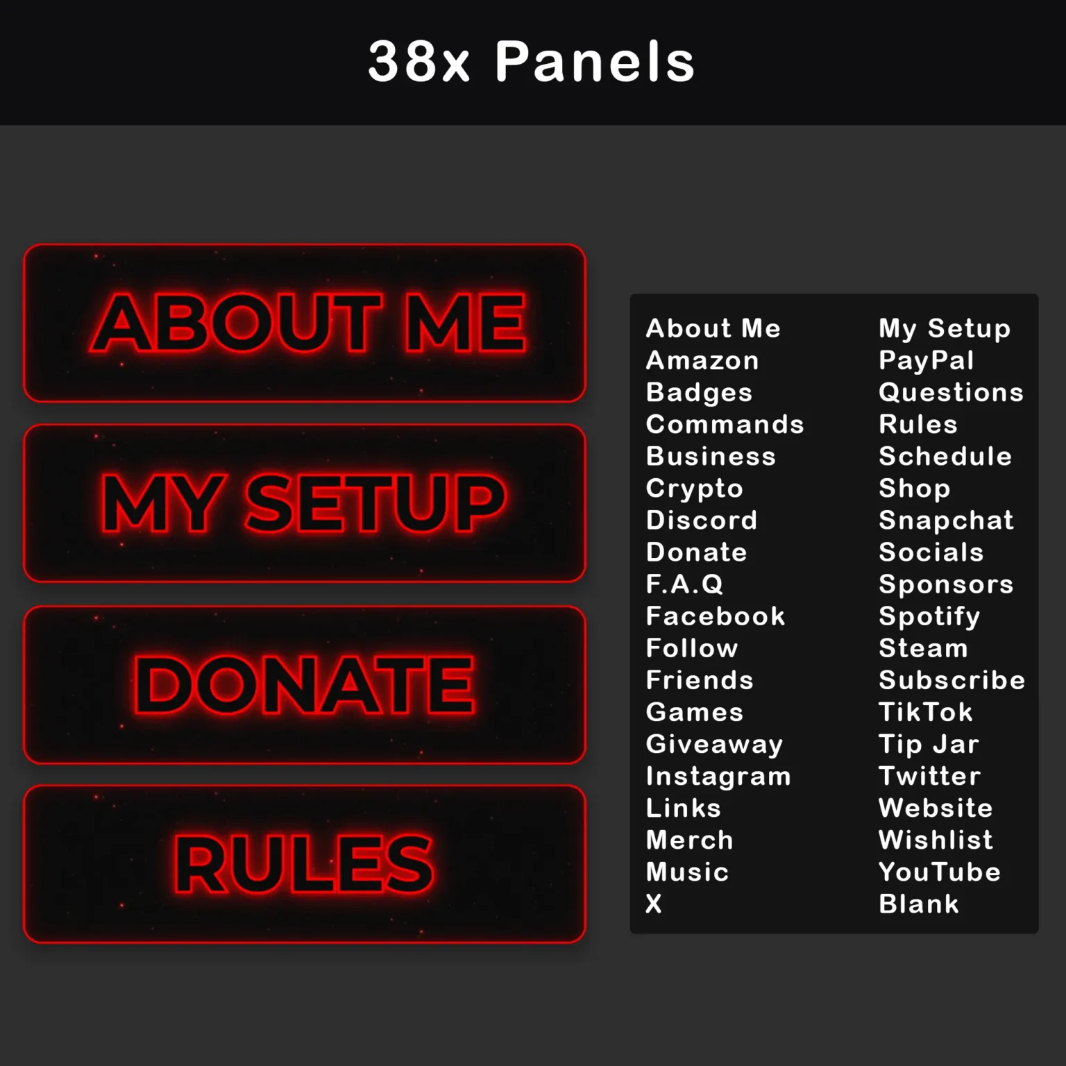 A display showing 38x panels for streamers, including "About Me," "My Setup," "Donate," "Rules," and more.