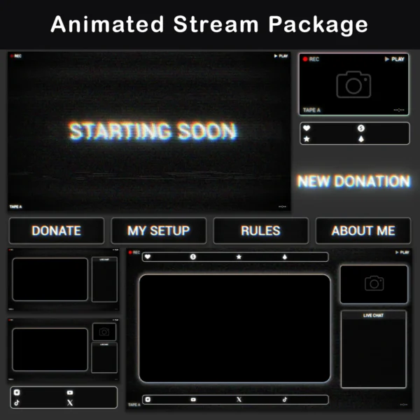 Overview of the Animated Stream Package featuring various Twitch stream panels and overlays with a retro VHS design including labels such as 'Starting Soon', 'Donate', and 'New Donation'