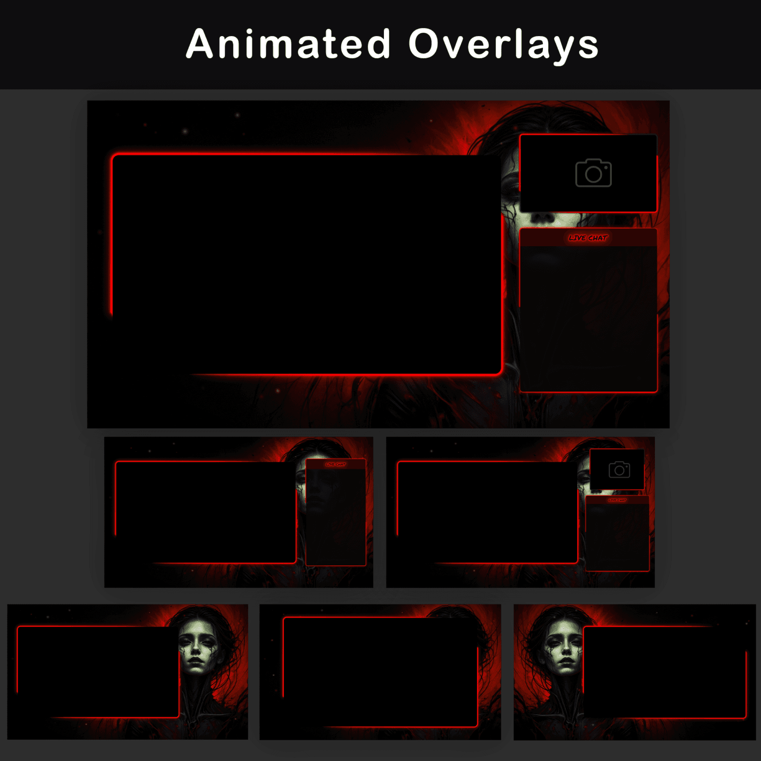 Animated Minimalist Glitch Stream Overlay Pack 3 Set of animated overlays for streaming with a chilling theme of a ghostly woman and a red and black color scheme. Overlays come in various sizes for different streaming needs, each bordered in fiery red.