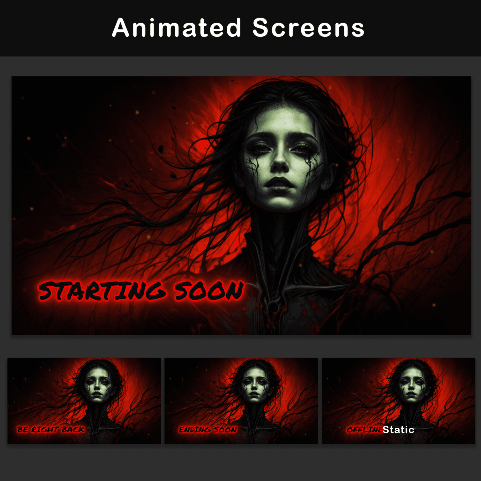Animated Minimalist Glitch Stream Overlay Pack 2 Collection of animated streaming screens depicting a spectral woman with a haunting gaze. Screens include 'Starting Soon', 'Be Right Back', 'Ending Soon', and 'Offline' each highlighted in glowing red.